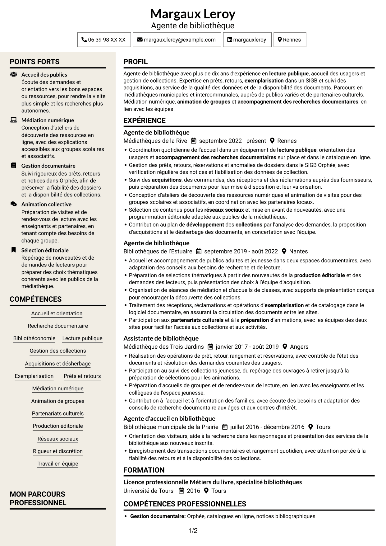 CV Fonceur (format à deux colonnes avec en-tête centré sans photo) : Agent de bibliothèque - Médiation numérique et collections, page 1