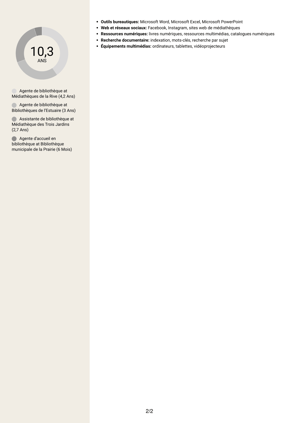 CV Fonceur (format à deux colonnes avec en-tête centré sans photo) : Agent de bibliothèque - Médiation numérique et collections, page 2