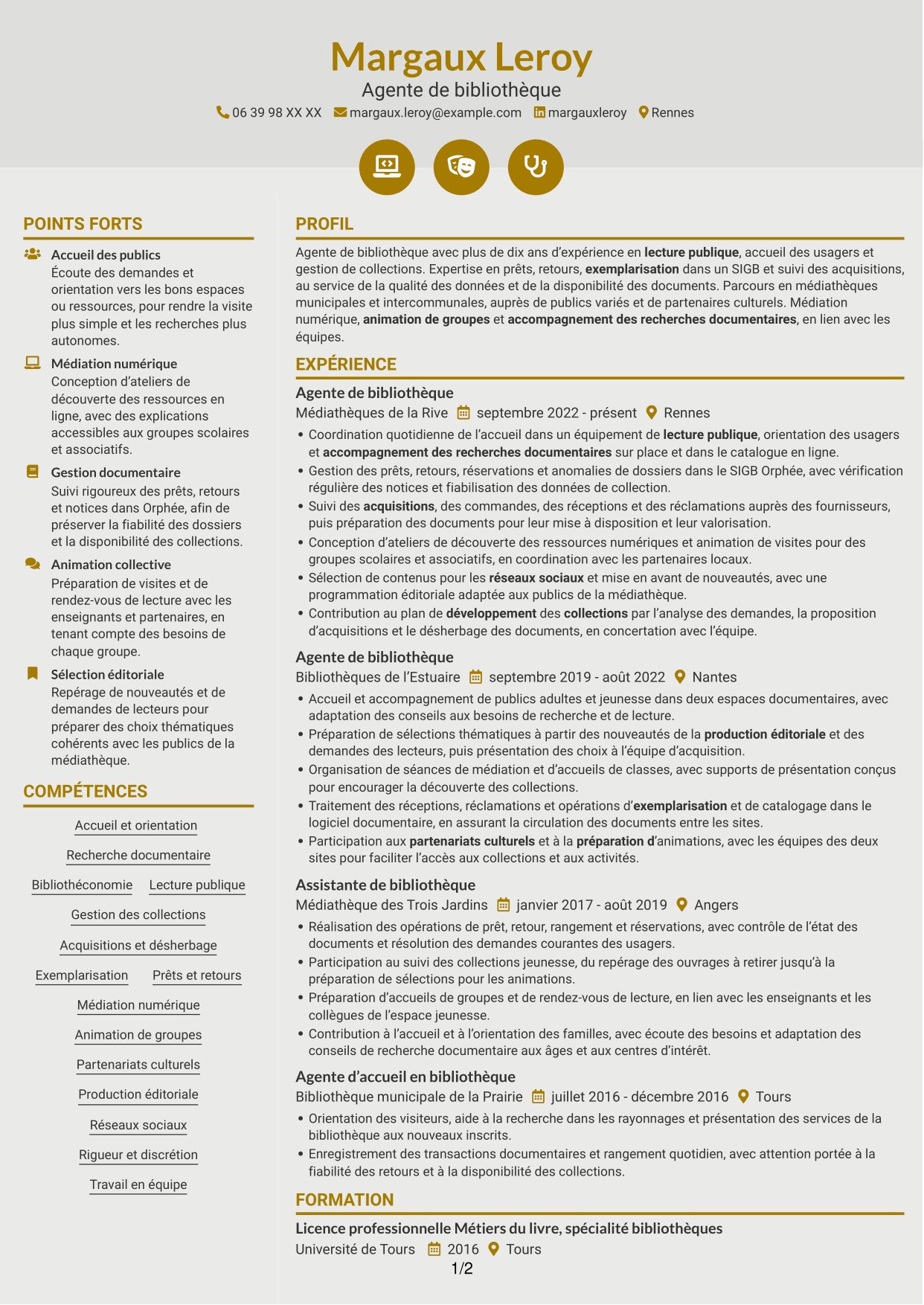CV Dynamique (format à deux colonnes avec icônes) : Agent de bibliothèque - Médiation numérique et collections, page 1