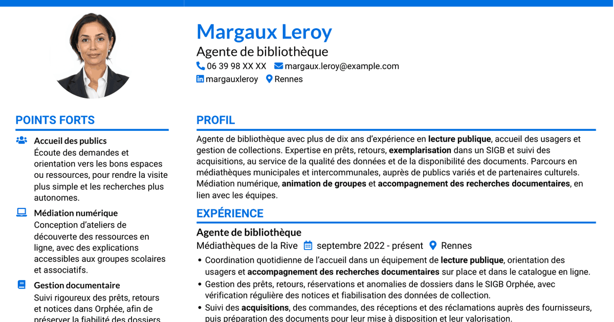 7 modèles de CV pour Agent de bibliothèque - Médiation numérique et collections, avec exemples