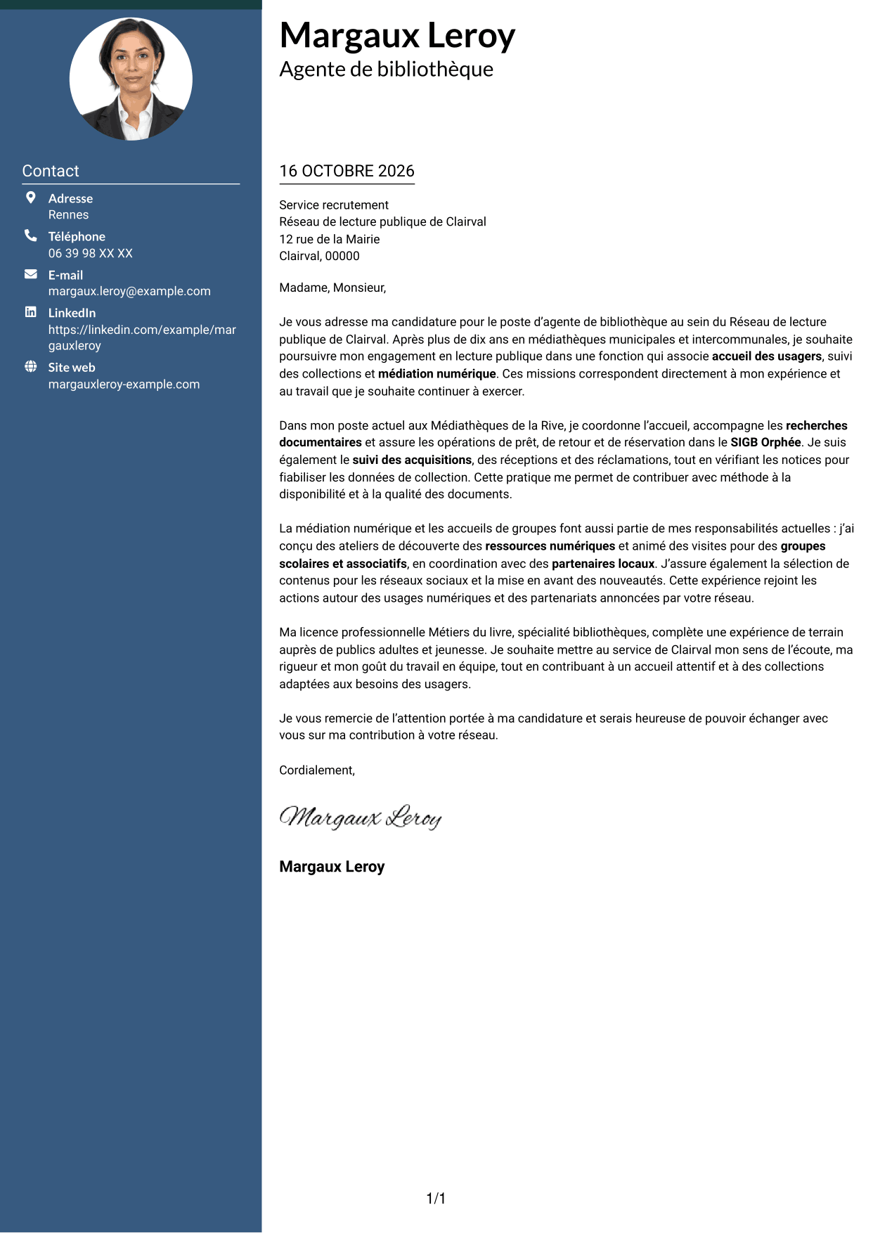 Lettre de motivation Élégant (format à colonne latérale colorée avec photo) : Agent de bibliothèque - Médiation numérique et collections, page 1