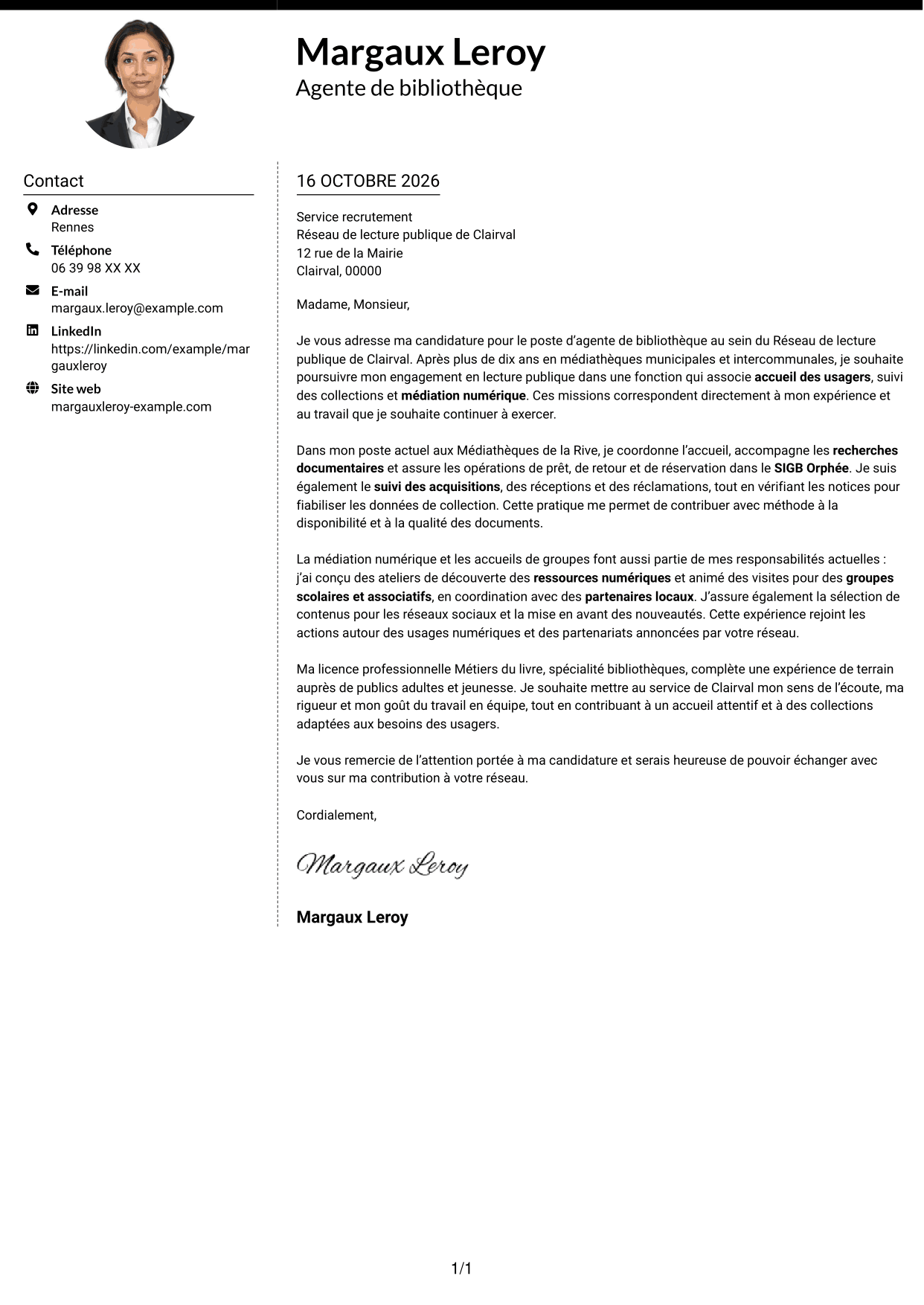 Lettre de motivation Moderne (format à deux colonnes avec photo à gauche et séparateur) : Agent de bibliothèque - Médiation numérique et collections, page 1