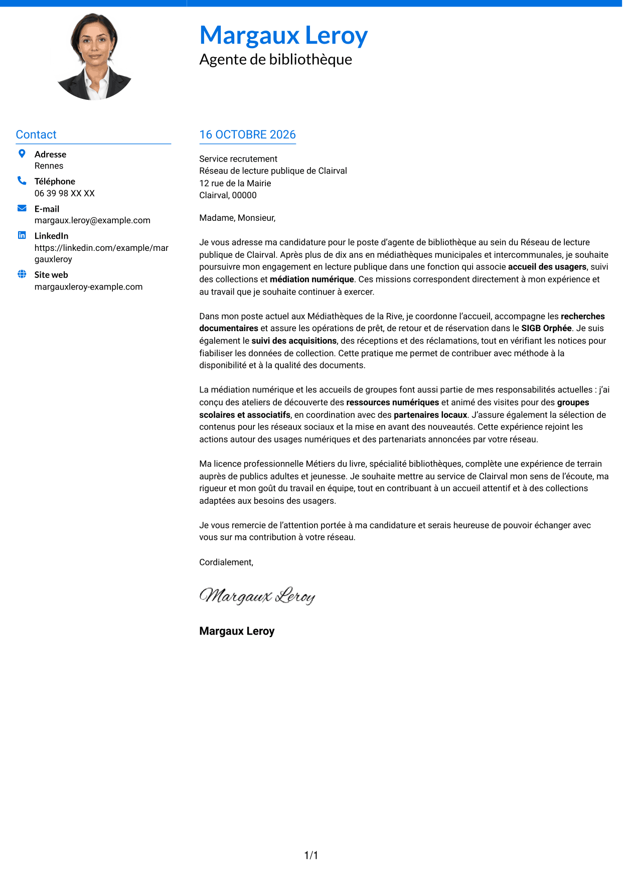Lettre de motivation Audacieux (format à deux colonnes avec accents colorés et photo) : Agent de bibliothèque - Médiation numérique et collections, page 1