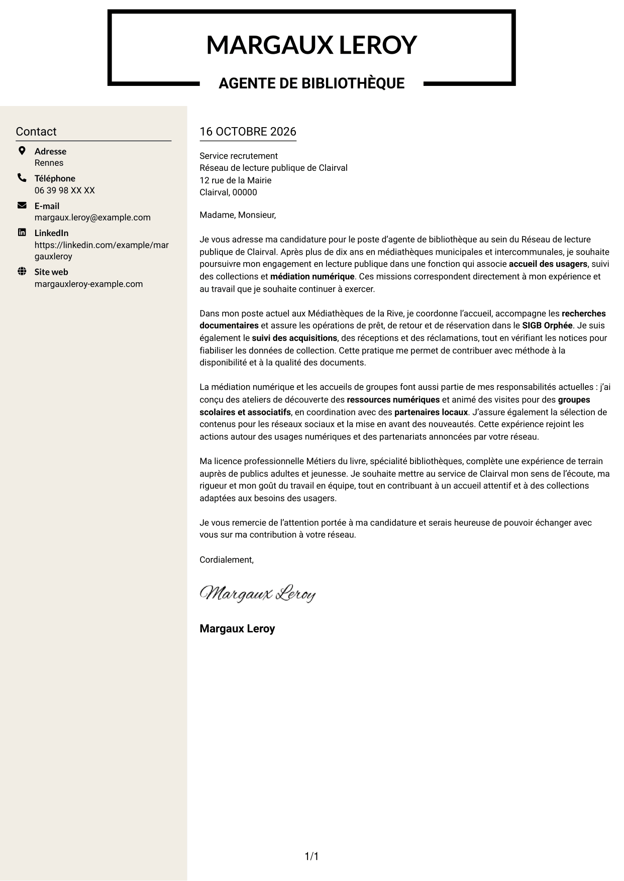 Lettre de motivation Fonceur (format à deux colonnes avec en-tête centré sans photo) : Agent de bibliothèque - Médiation numérique et collections, page 1