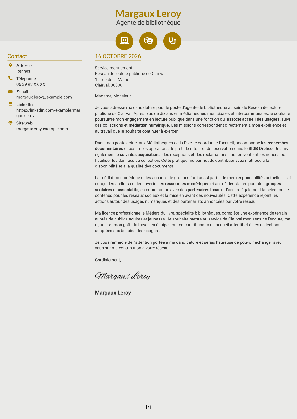 Lettre de motivation Dynamique (format à deux colonnes avec icônes) : Agent de bibliothèque - Médiation numérique et collections, page 1