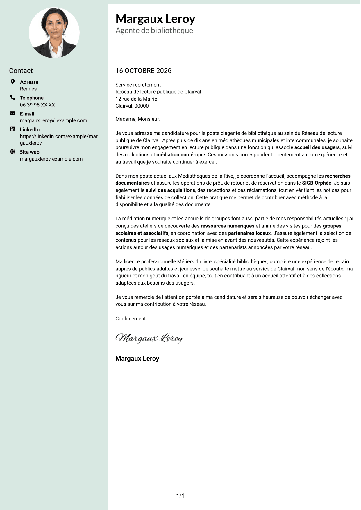 Lettre de motivation Cadre (format à colonne latérale douce avec photo arrondie) : Agent de bibliothèque - Médiation numérique et collections, page 1