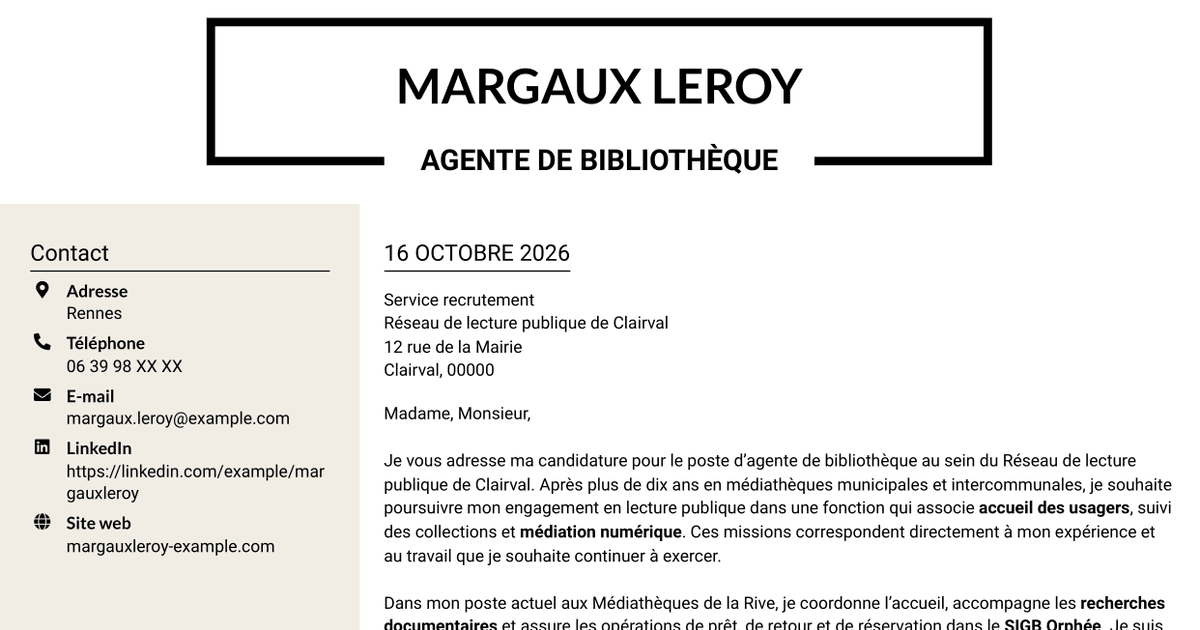 7 modèles de lettre de motivation pour Agent de bibliothèque - Médiation numérique et collections, avec exemples