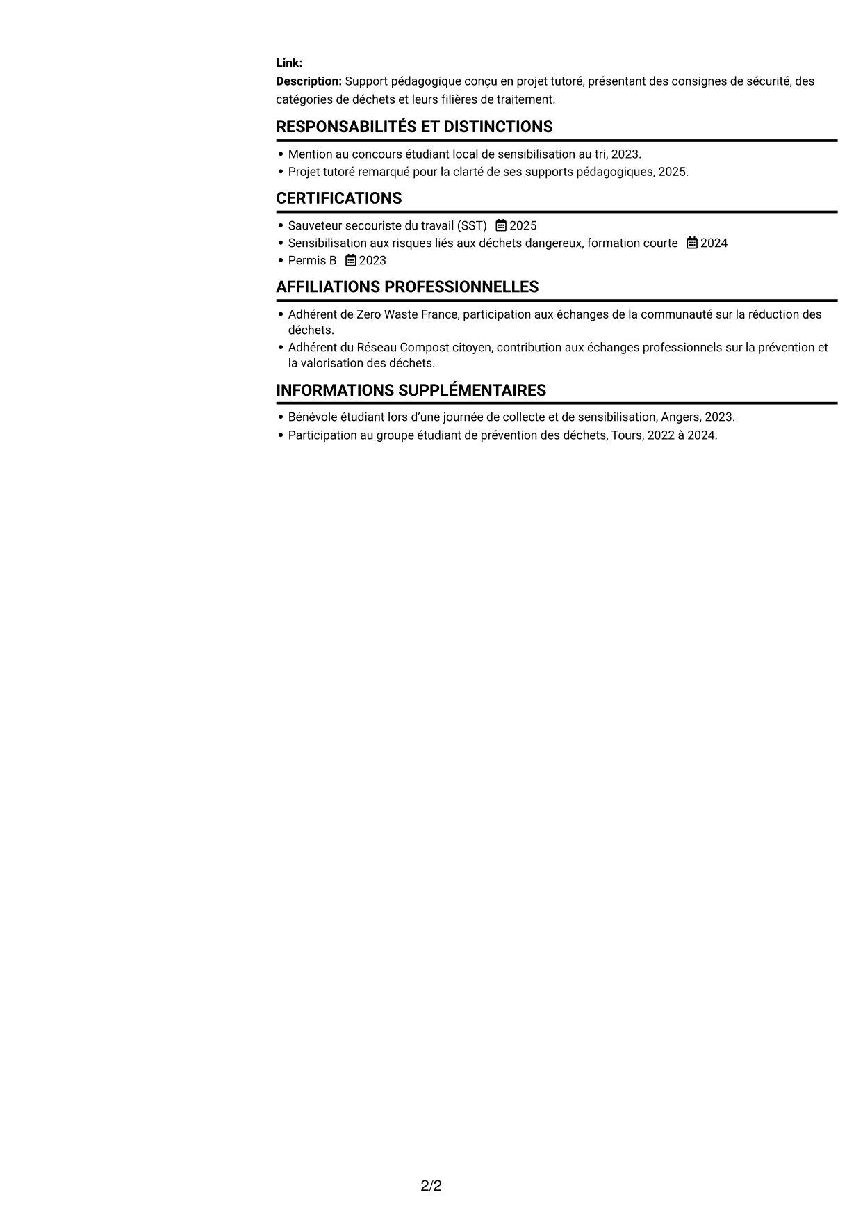 CV Compact (format sobre à deux colonnes avec photo) : Agent de déchèterie - Tri et valorisation des déchets, page 2