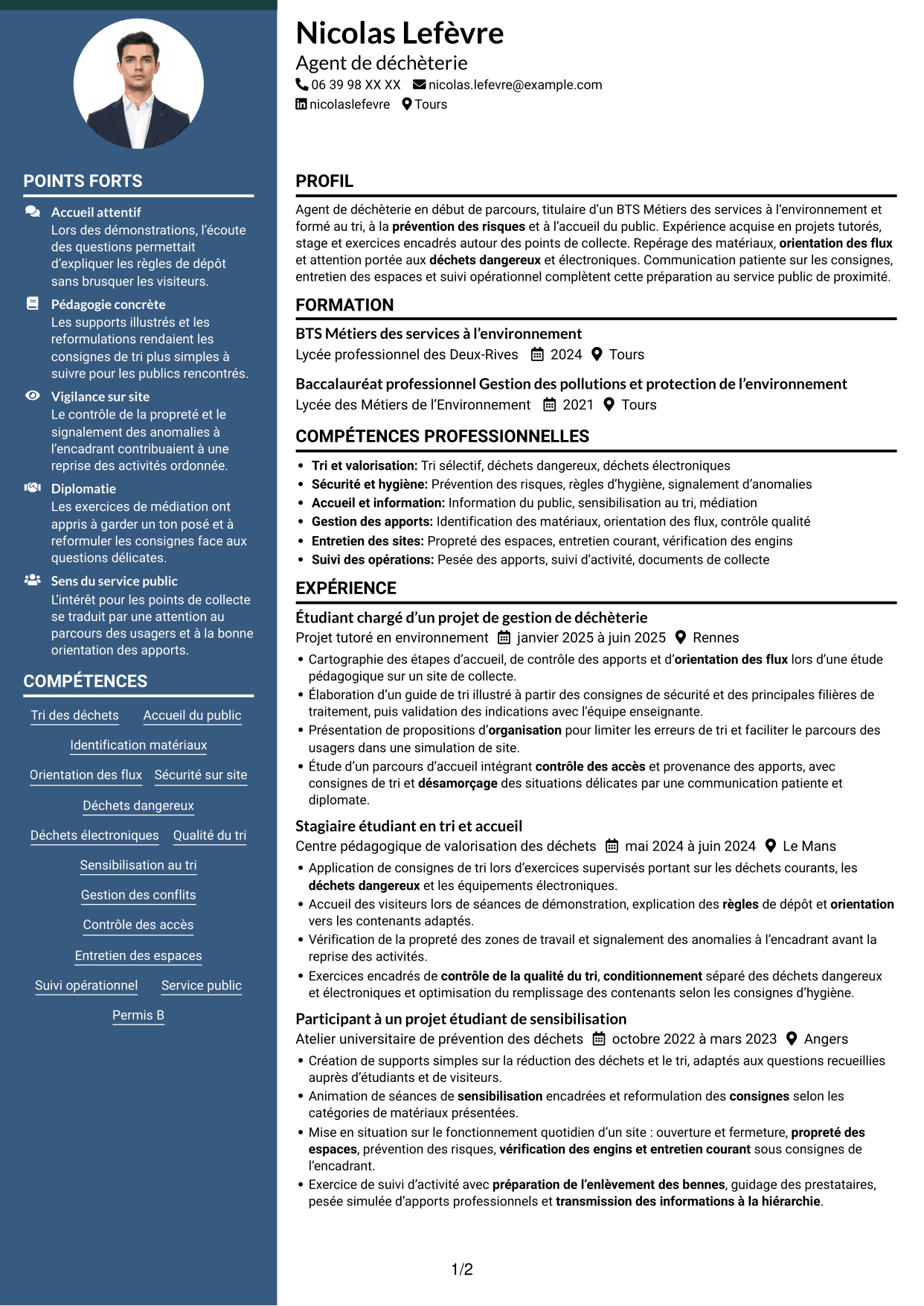 CV Élégant (format à colonne latérale colorée avec photo) : Agent de déchèterie - Tri et valorisation des déchets, page 1