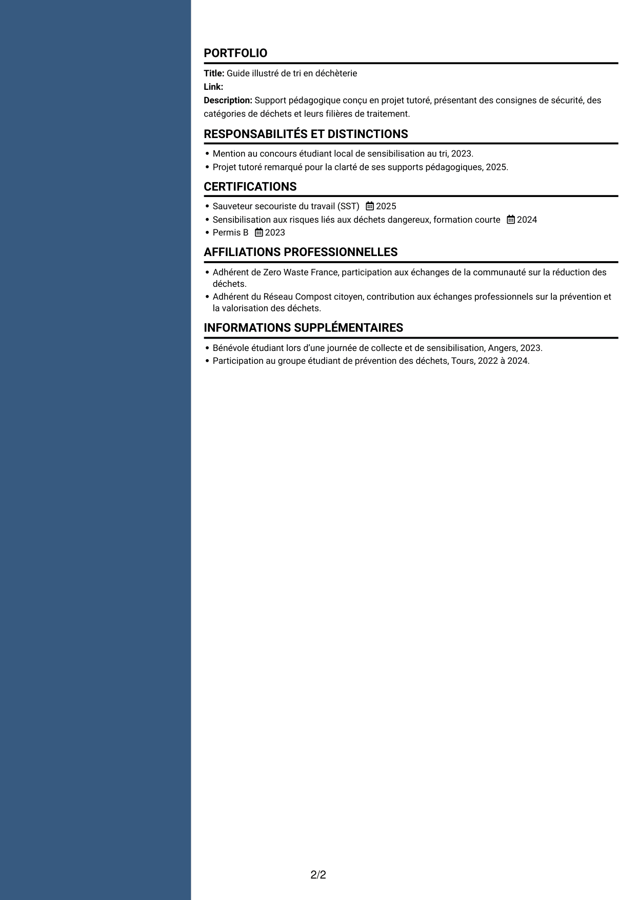 CV Élégant (format à colonne latérale colorée avec photo) : Agent de déchèterie - Tri et valorisation des déchets, page 2