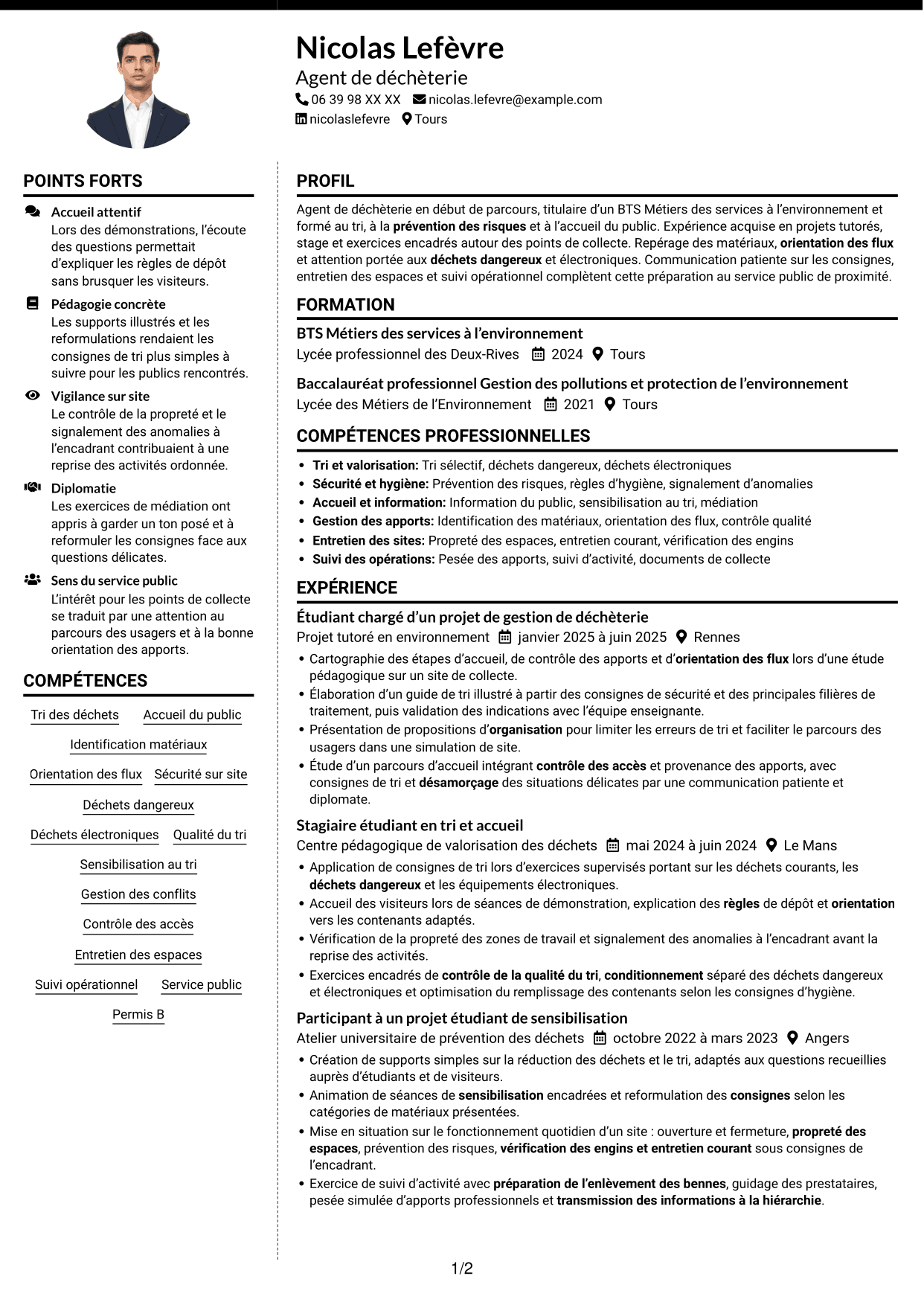 CV Moderne (format à deux colonnes avec photo à gauche et séparateur) : Agent de déchèterie - Tri et valorisation des déchets, page 1