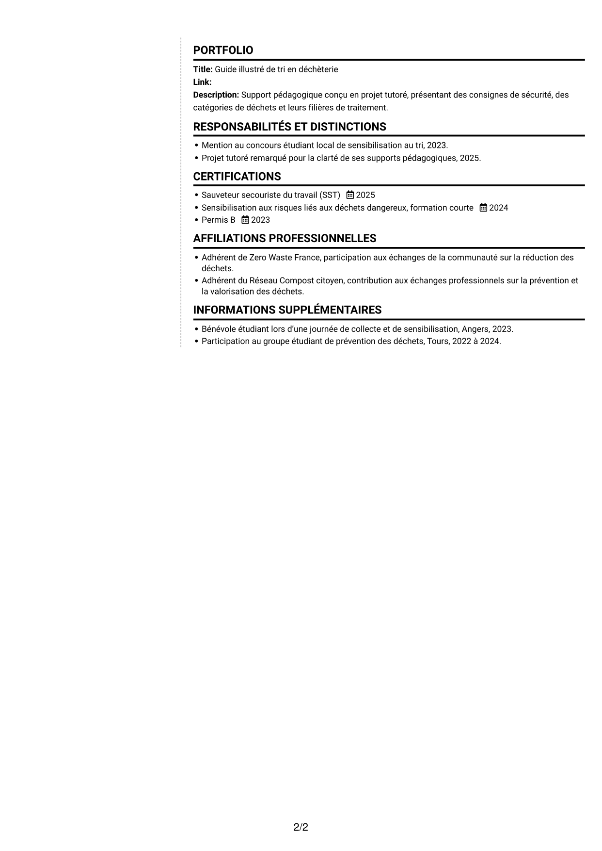CV Moderne (format à deux colonnes avec photo à gauche et séparateur) : Agent de déchèterie - Tri et valorisation des déchets, page 2