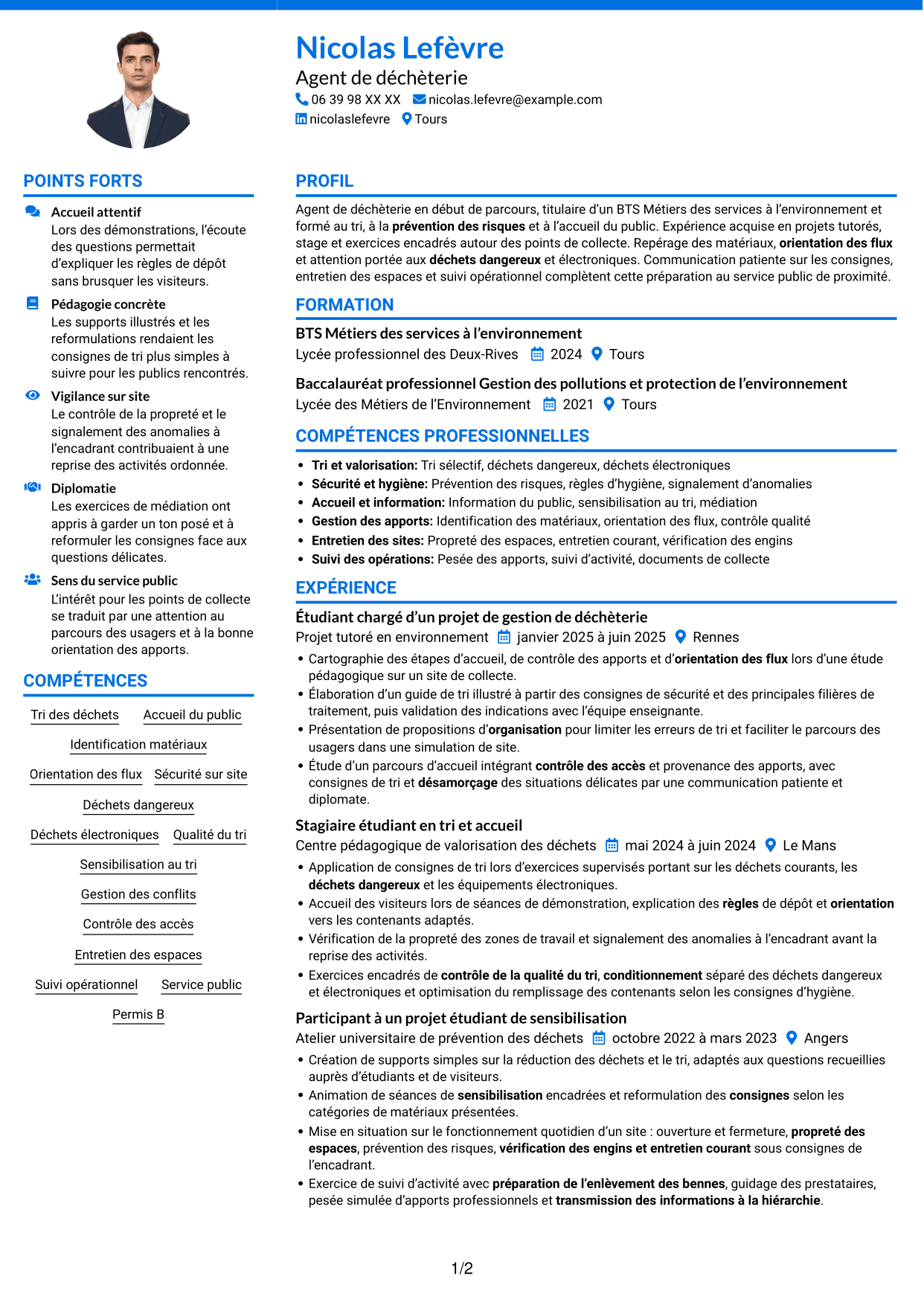 CV Audacieux (format à deux colonnes avec accents colorés et photo) : Agent de déchèterie - Tri et valorisation des déchets, page 1