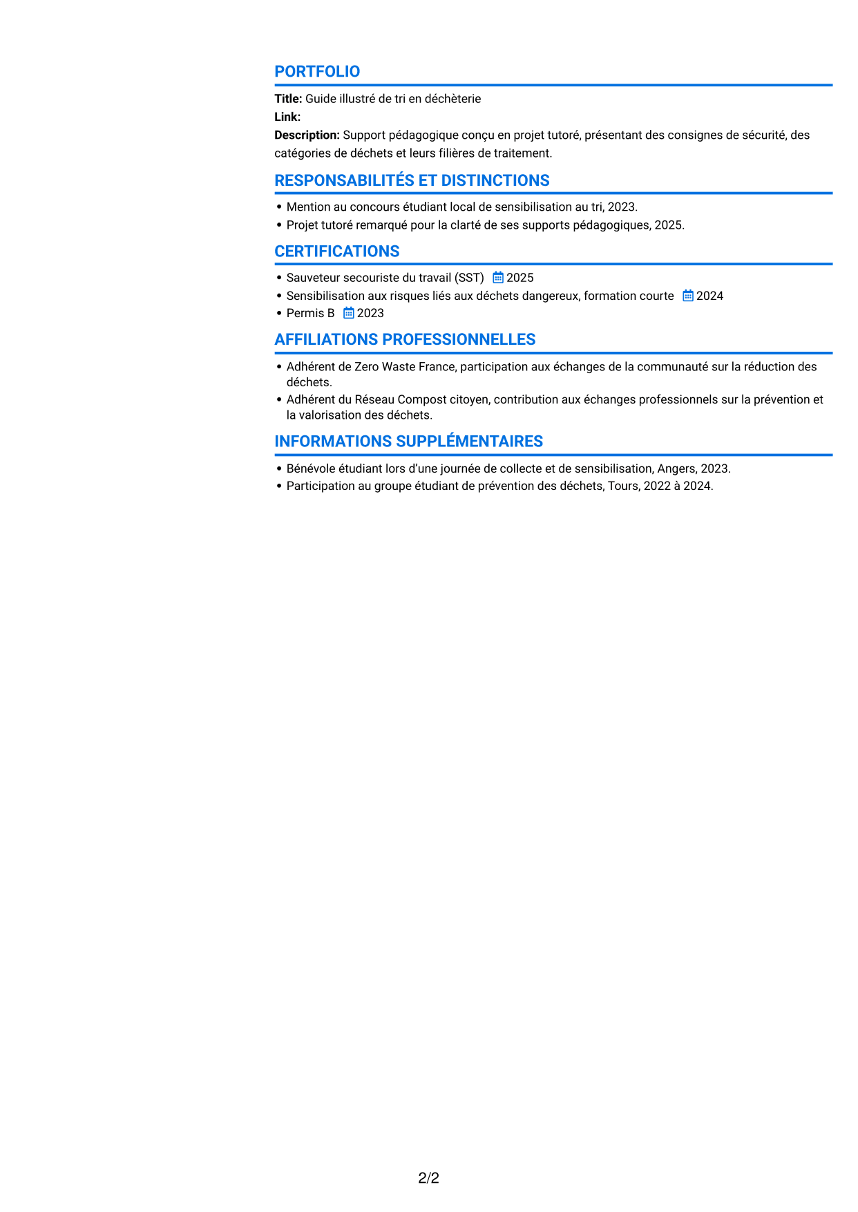 CV Audacieux (format à deux colonnes avec accents colorés et photo) : Agent de déchèterie - Tri et valorisation des déchets, page 2