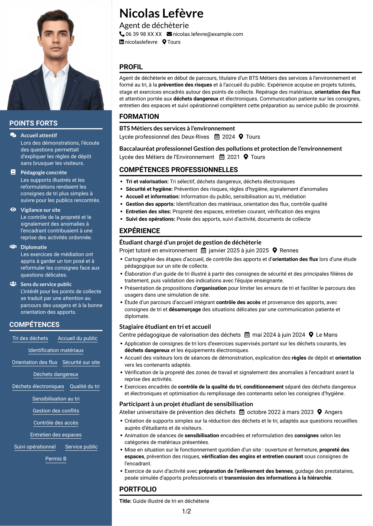 CV Signature (format à colonne latérale colorée avec grande photo) : Agent de déchèterie - Tri et valorisation des déchets, page 1