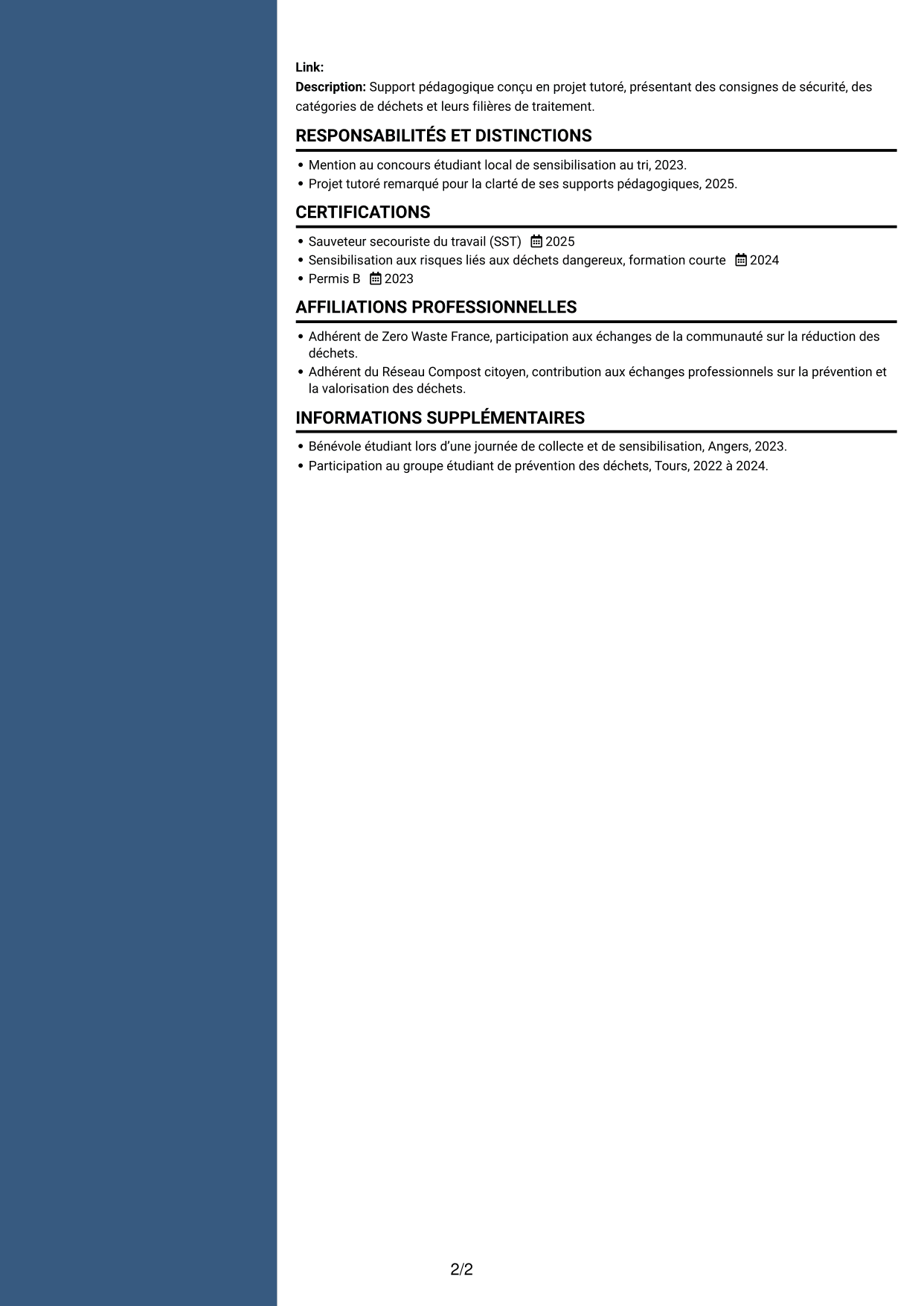 CV Signature (format à colonne latérale colorée avec grande photo) : Agent de déchèterie - Tri et valorisation des déchets, page 2