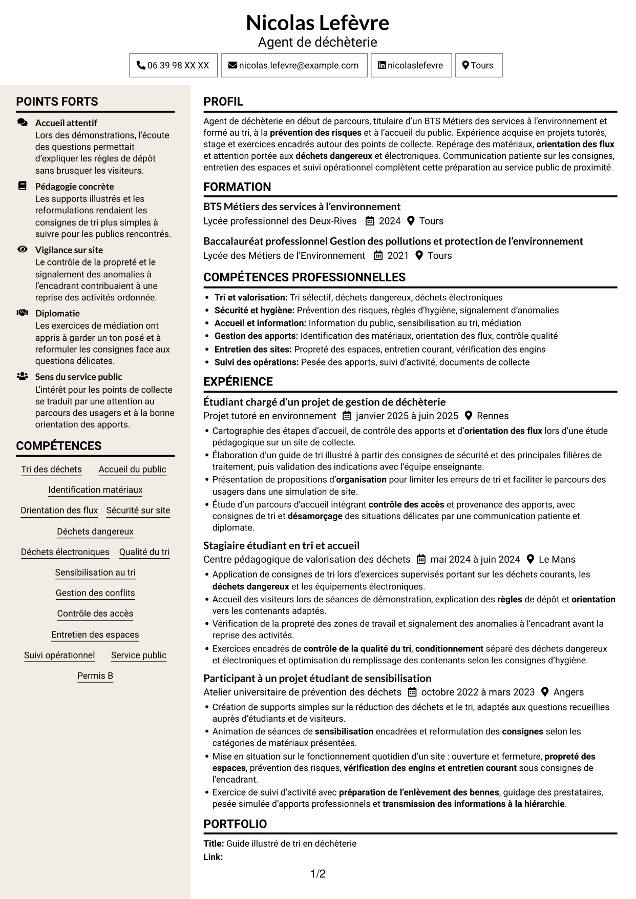 CV Fonceur (format à deux colonnes avec en-tête centré sans photo) : Agent de déchèterie - Tri et valorisation des déchets, page 1