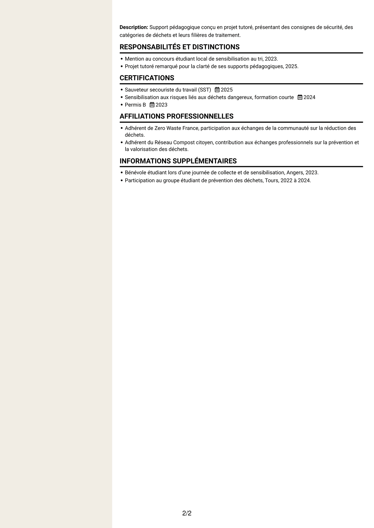 CV Fonceur (format à deux colonnes avec en-tête centré sans photo) : Agent de déchèterie - Tri et valorisation des déchets, page 2