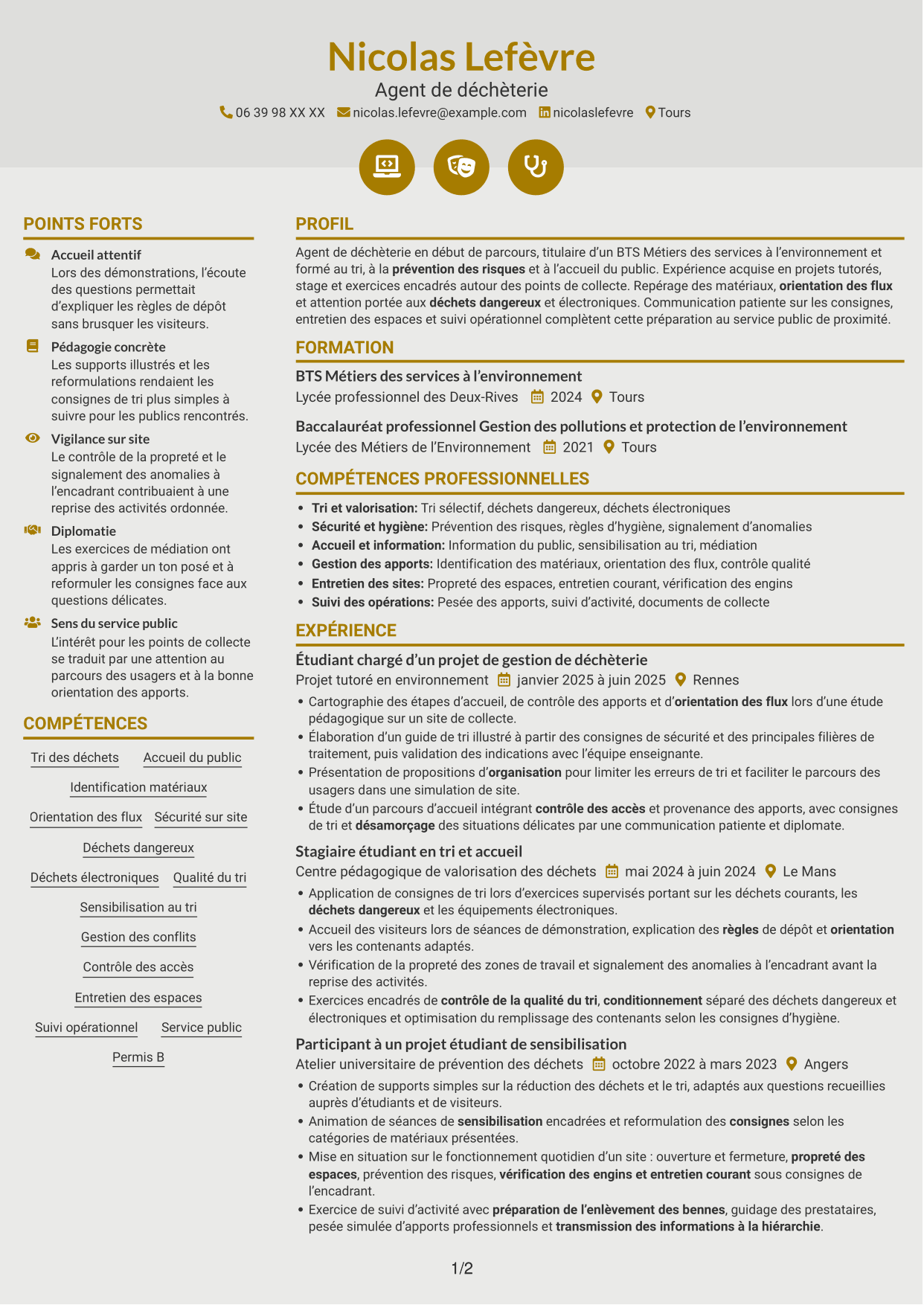 CV Dynamique (format à deux colonnes avec icônes) : Agent de déchèterie - Tri et valorisation des déchets, page 1