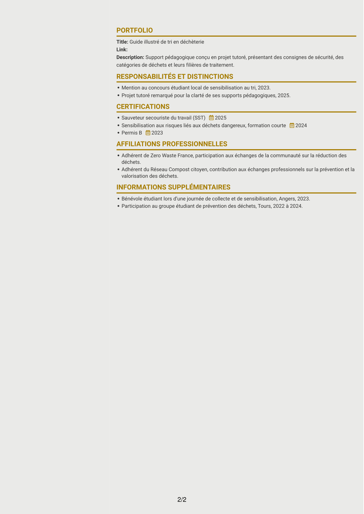 CV Dynamique (format à deux colonnes avec icônes) : Agent de déchèterie - Tri et valorisation des déchets, page 2