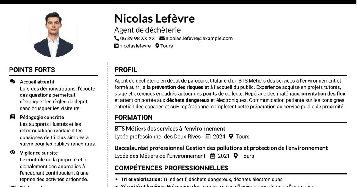 7 modèles de CV pour Agent de déchèterie - Tri et valorisation des déchets, avec exemples