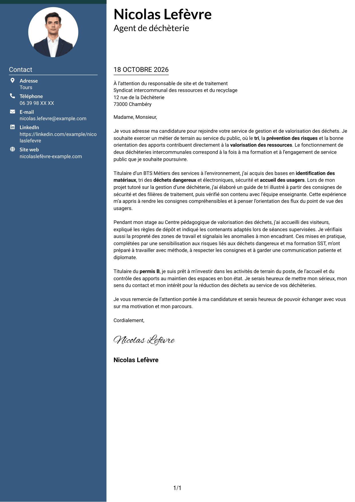 Lettre de motivation Élégant (format à colonne latérale colorée avec photo) : Agent de déchèterie - Tri et valorisation des déchets, page 1