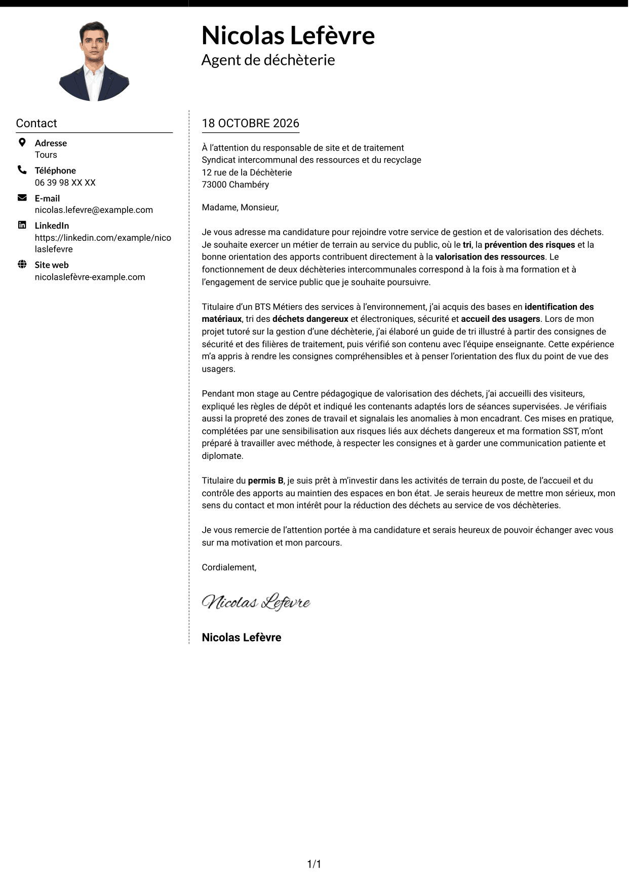 Lettre de motivation Moderne (format à deux colonnes avec photo à gauche et séparateur) : Agent de déchèterie - Tri et valorisation des déchets, page 1