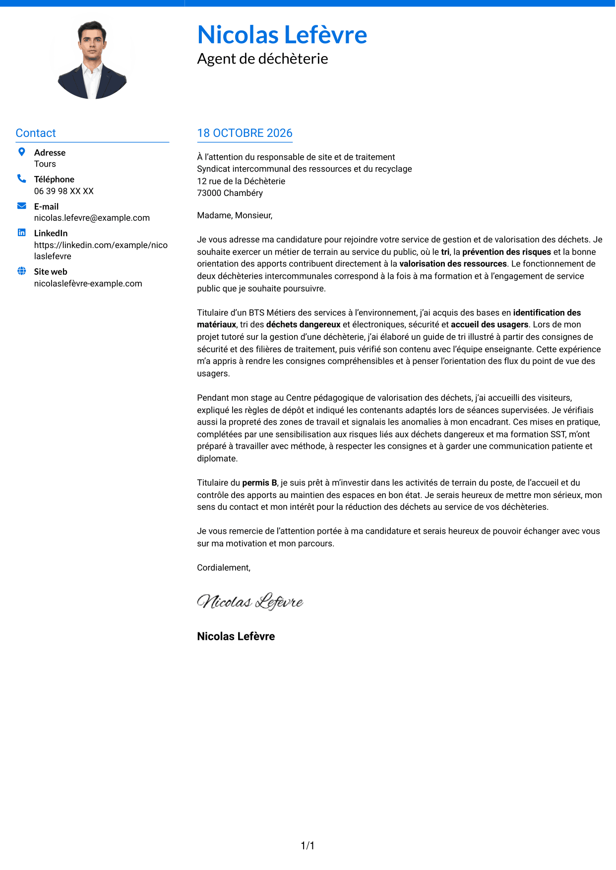 Lettre de motivation Audacieux (format à deux colonnes avec accents colorés et photo) : Agent de déchèterie - Tri et valorisation des déchets, page 1