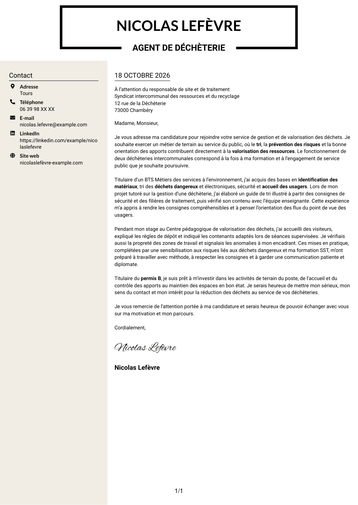 Lettre de motivation Fonceur (format à deux colonnes avec en-tête centré sans photo) : Agent de déchèterie - Tri et valorisation des déchets, page 1