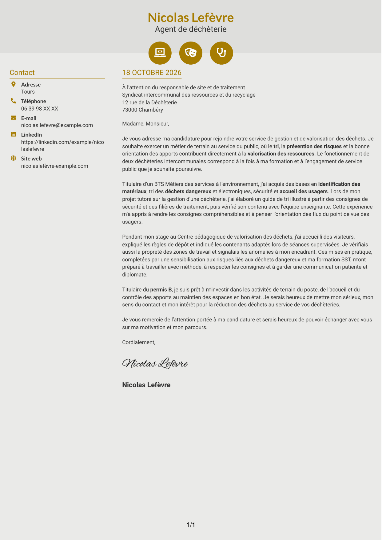 Lettre de motivation Dynamique (format à deux colonnes avec icônes) : Agent de déchèterie - Tri et valorisation des déchets, page 1