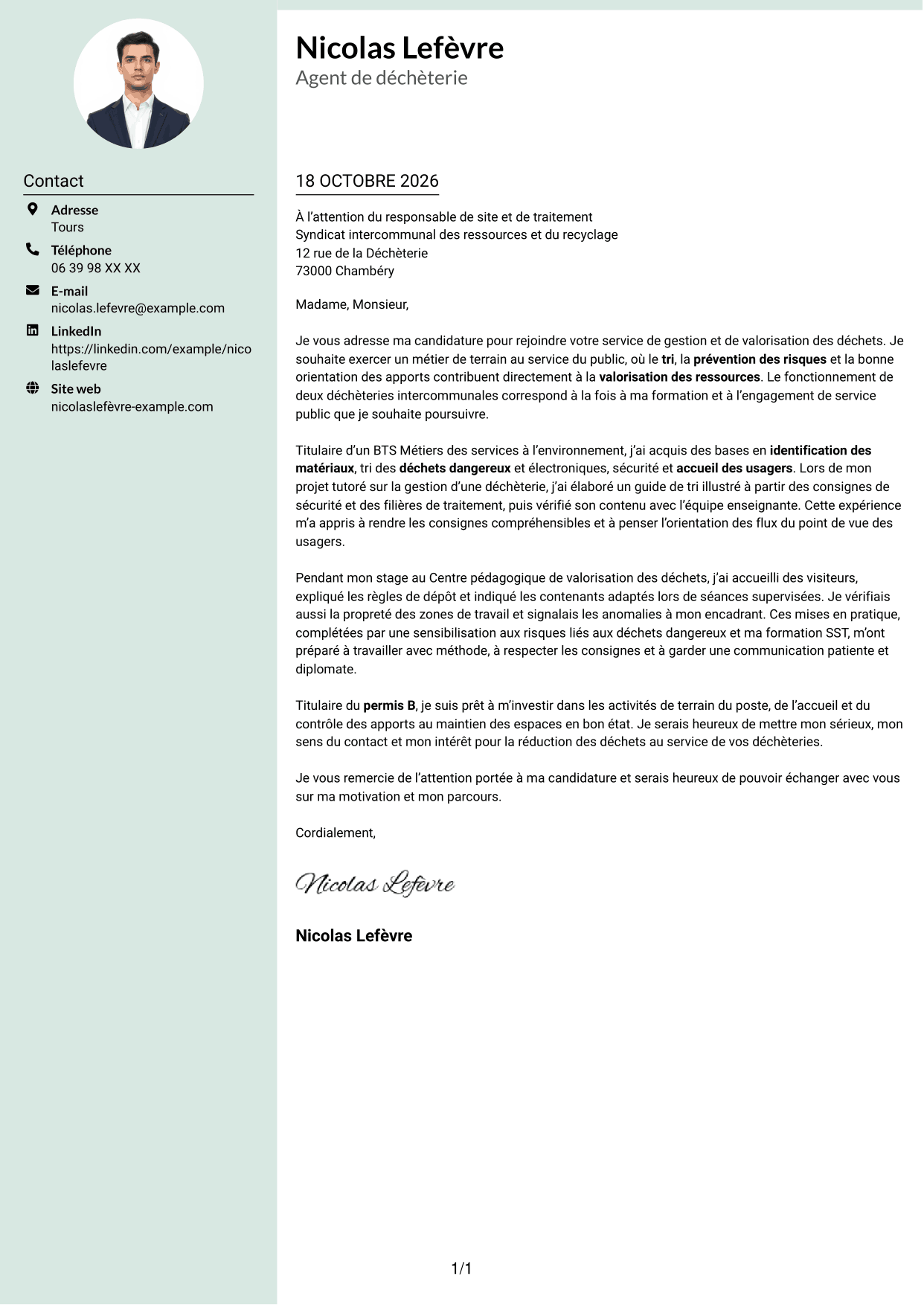 Lettre de motivation Cadre (format à colonne latérale douce avec photo arrondie) : Agent de déchèterie - Tri et valorisation des déchets, page 1