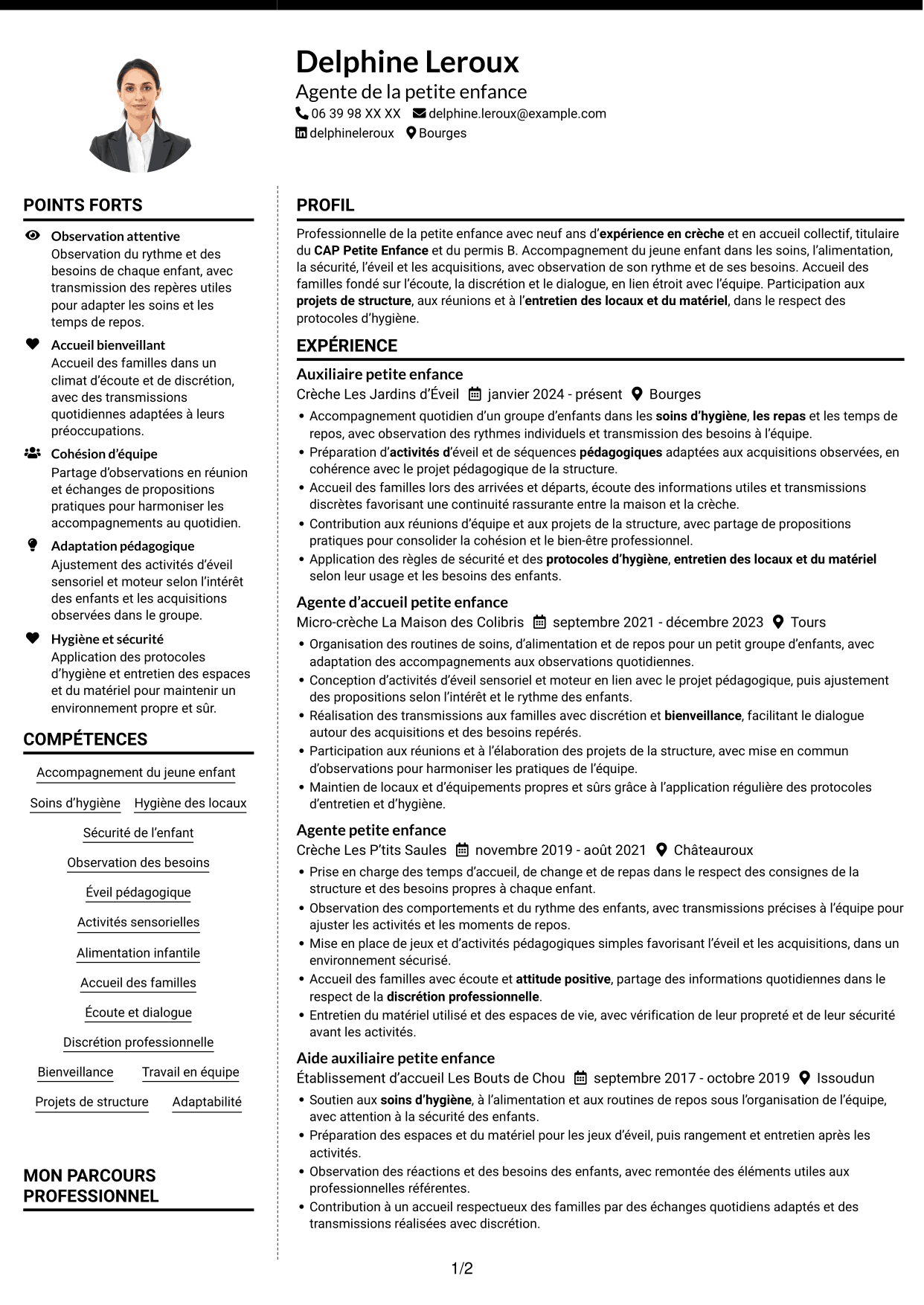 CV Moderne (format à deux colonnes avec photo à gauche et séparateur) : Agent de la petite enfance - Accueil en crèche, page 1