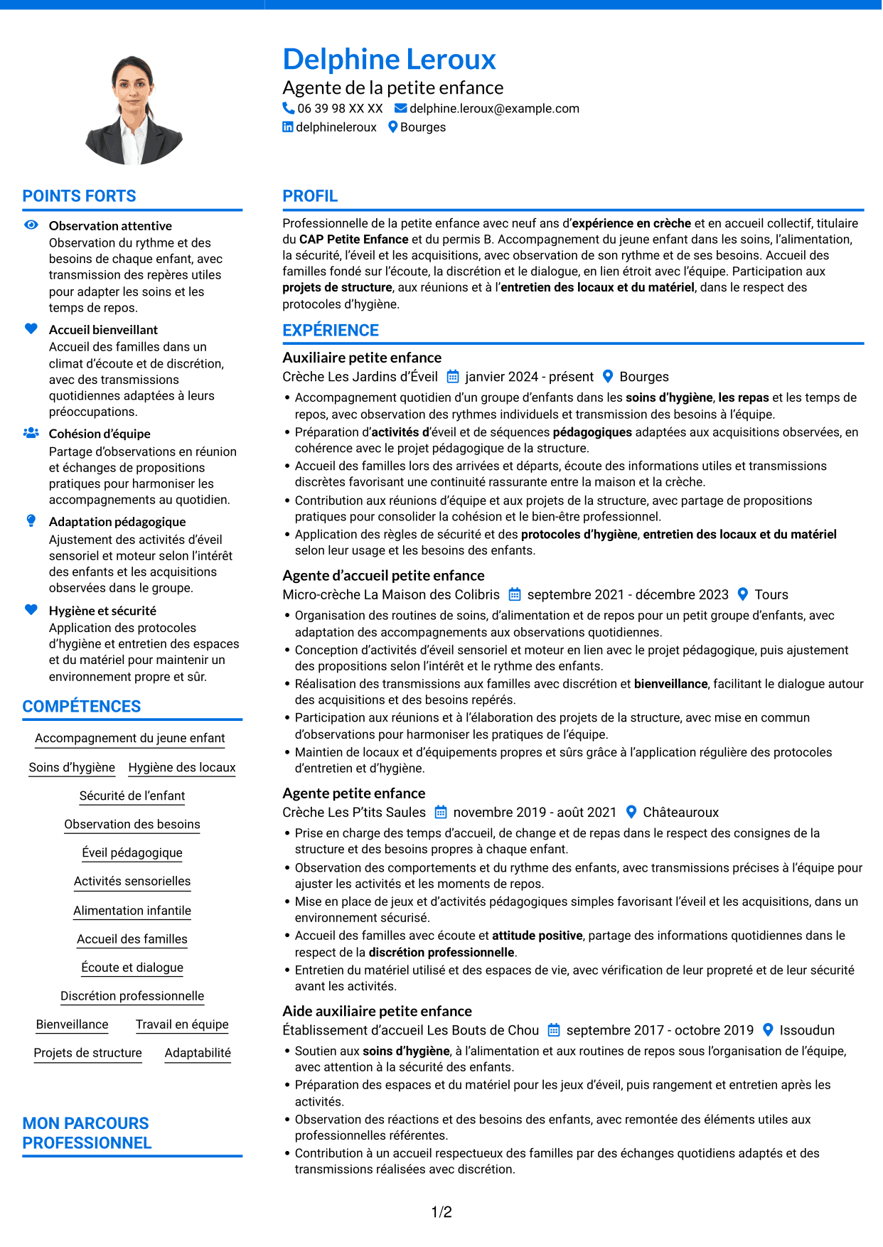 CV Audacieux (format à deux colonnes avec accents colorés et photo) : Agent de la petite enfance - Accueil en crèche, page 1