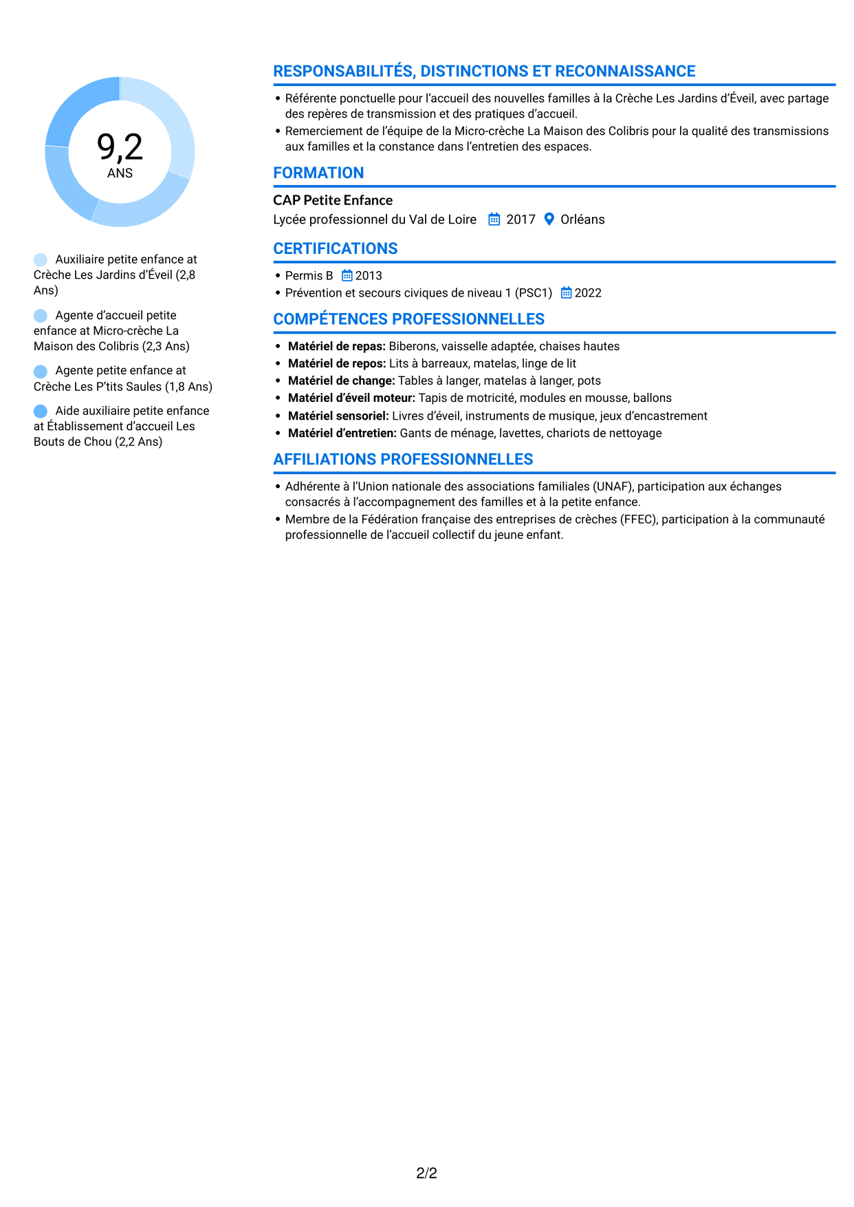 CV Audacieux (format à deux colonnes avec accents colorés et photo) : Agent de la petite enfance - Accueil en crèche, page 2