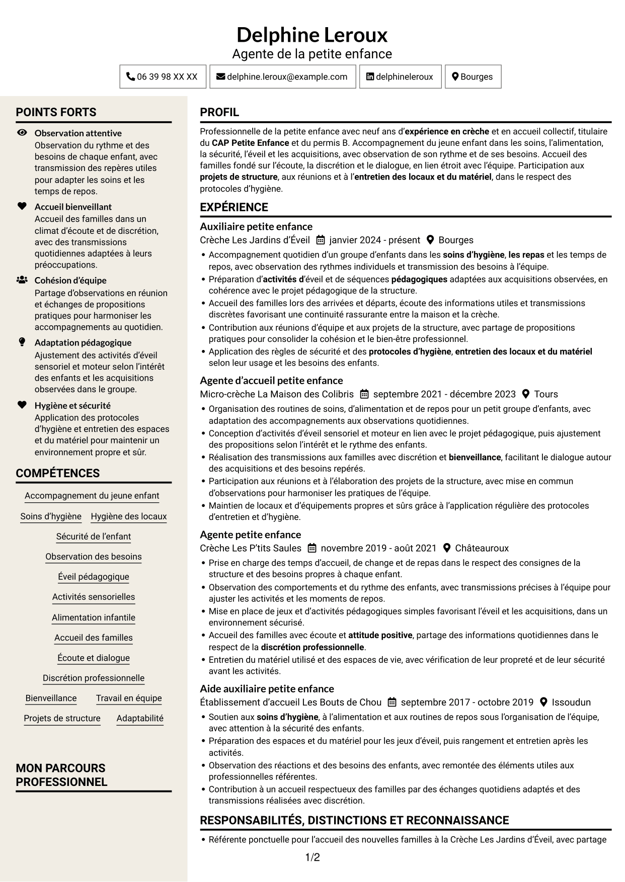 CV Fonceur (format à deux colonnes avec en-tête centré sans photo) : Agent de la petite enfance - Accueil en crèche, page 1