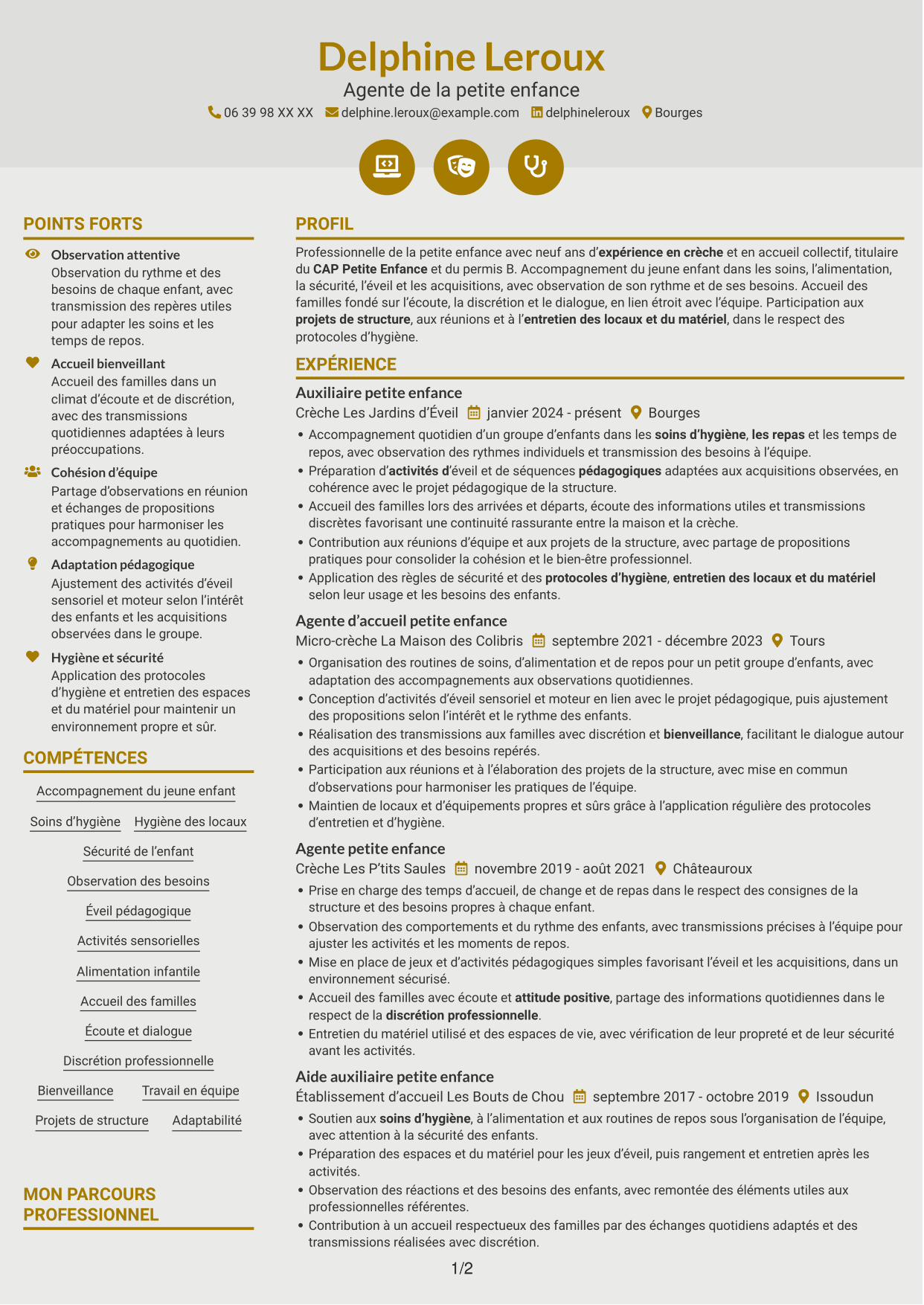 CV Dynamique (format à deux colonnes avec icônes) : Agent de la petite enfance - Accueil en crèche, page 1