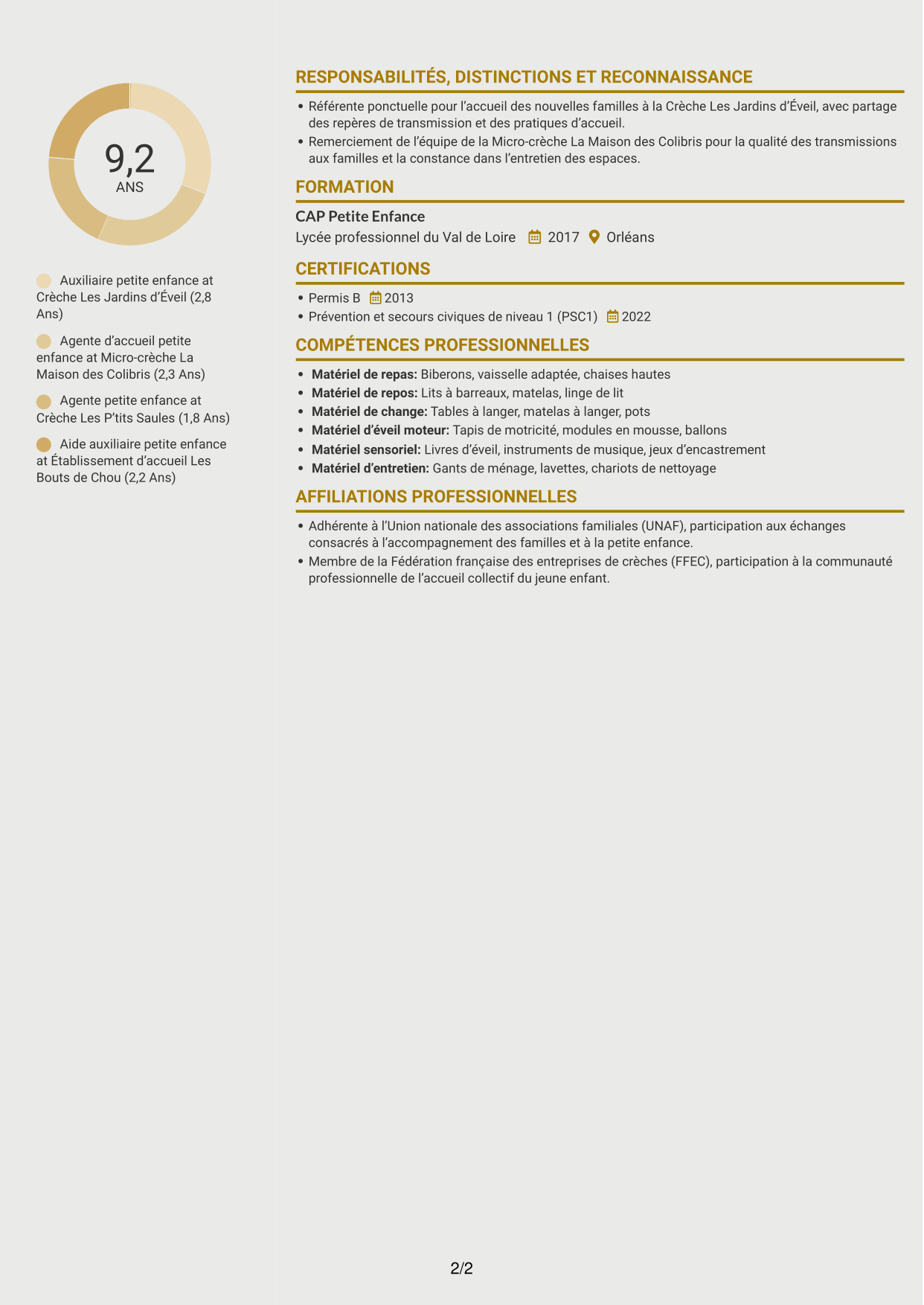 CV Dynamique (format à deux colonnes avec icônes) : Agent de la petite enfance - Accueil en crèche, page 2