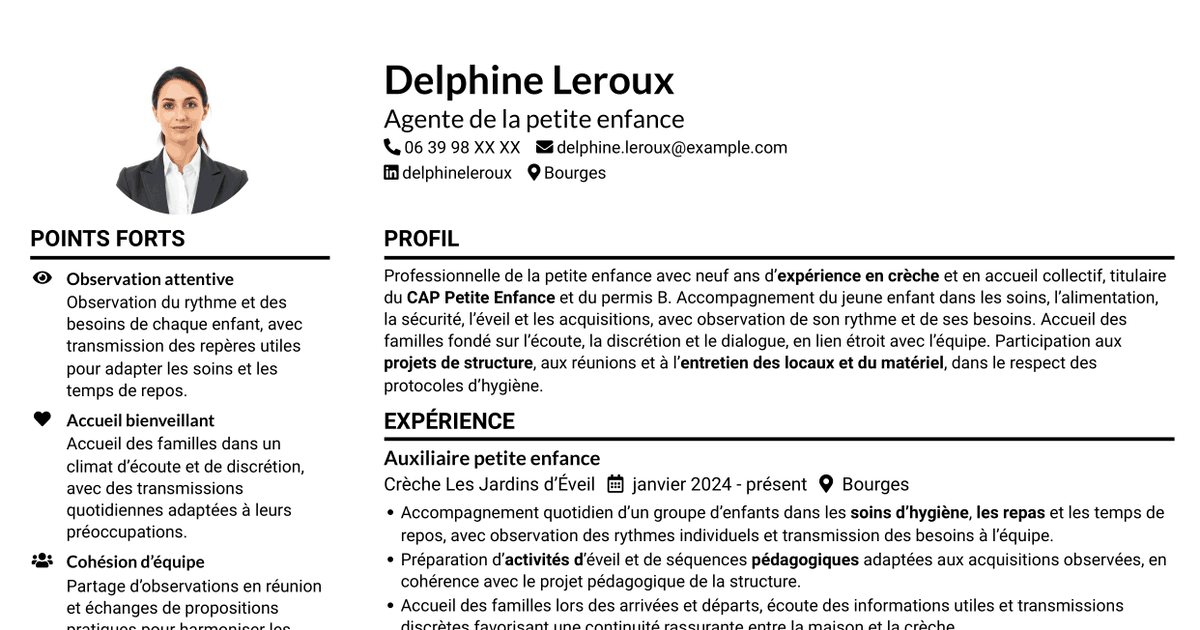 7 modèles de CV pour Agent de la petite enfance - Accueil en crèche, avec exemples