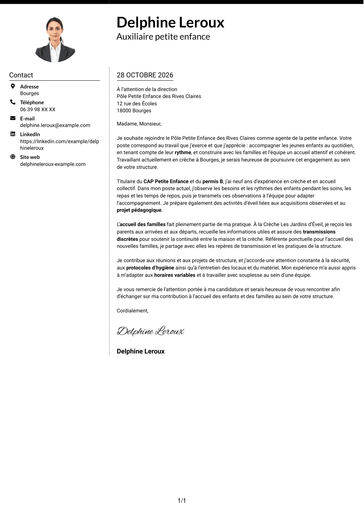 Lettre de motivation Moderne (format à deux colonnes avec photo à gauche et séparateur) : Agent de la petite enfance - Accueil en crèche, page 1