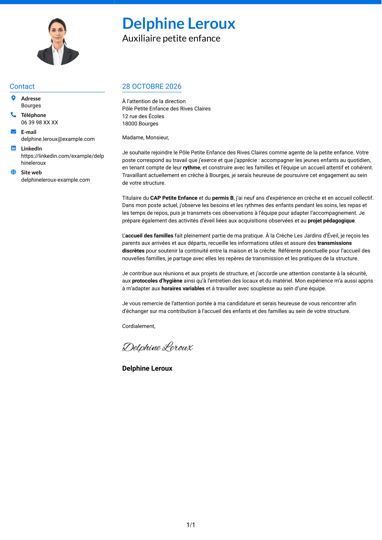 Lettre de motivation Audacieux (format à deux colonnes avec accents colorés et photo) : Agent de la petite enfance - Accueil en crèche, page 1