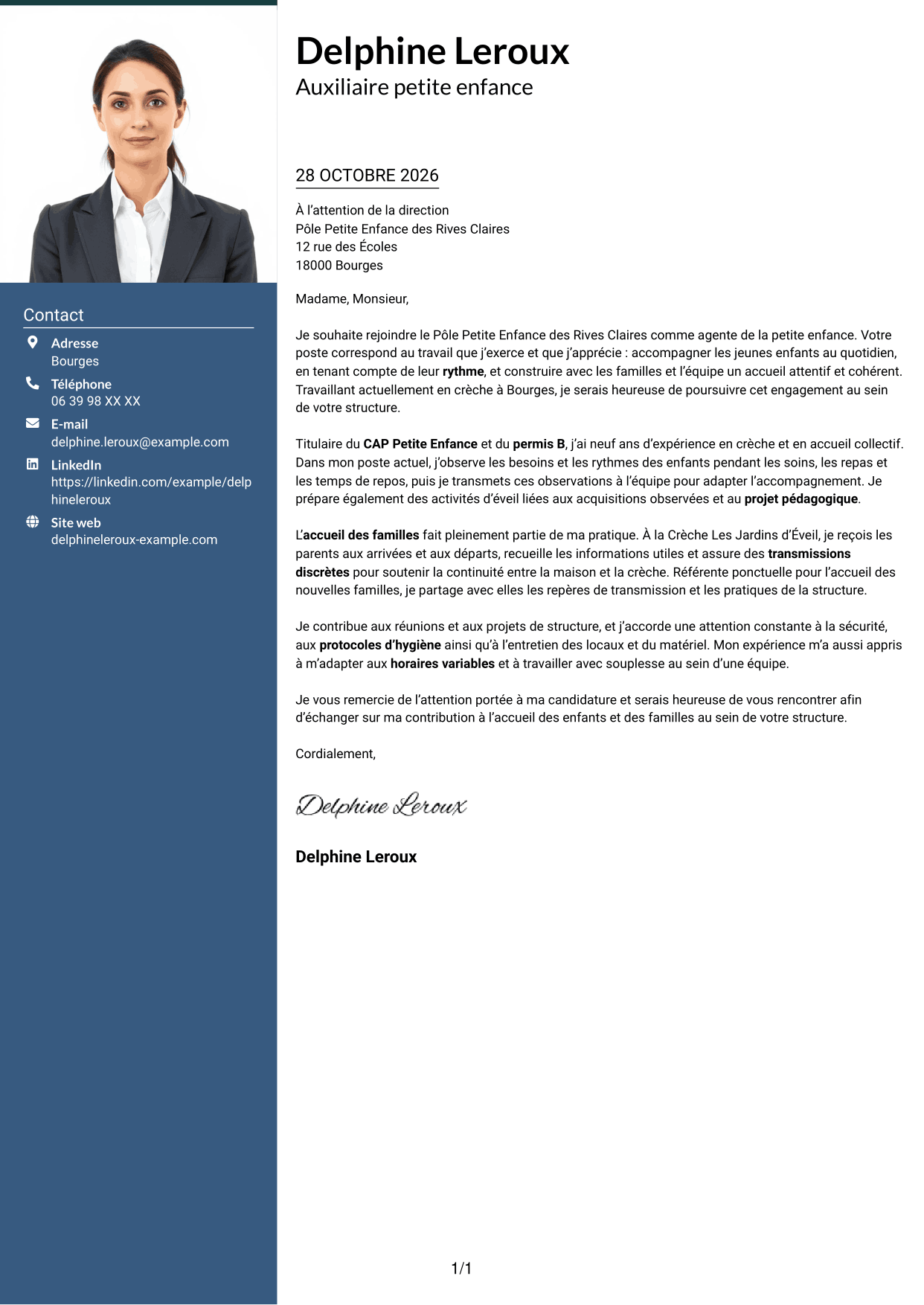 Lettre de motivation Signature (format à colonne latérale colorée avec grande photo) : Agent de la petite enfance - Accueil en crèche, page 1