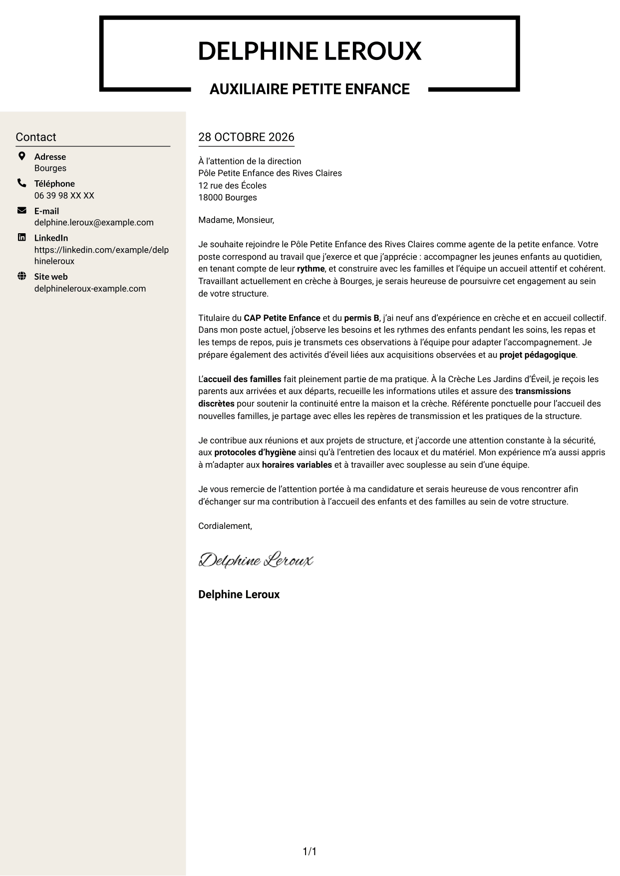 Lettre de motivation Fonceur (format à deux colonnes avec en-tête centré sans photo) : Agent de la petite enfance - Accueil en crèche, page 1