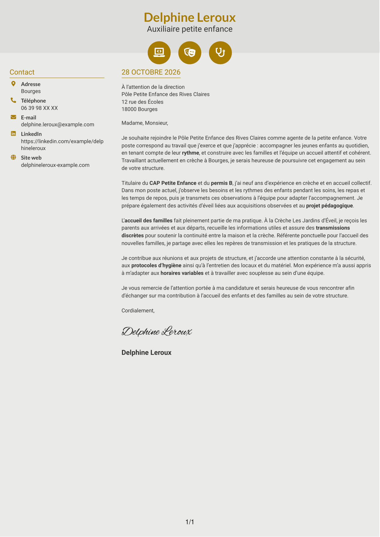 Lettre de motivation Dynamique (format à deux colonnes avec icônes) : Agent de la petite enfance - Accueil en crèche, page 1