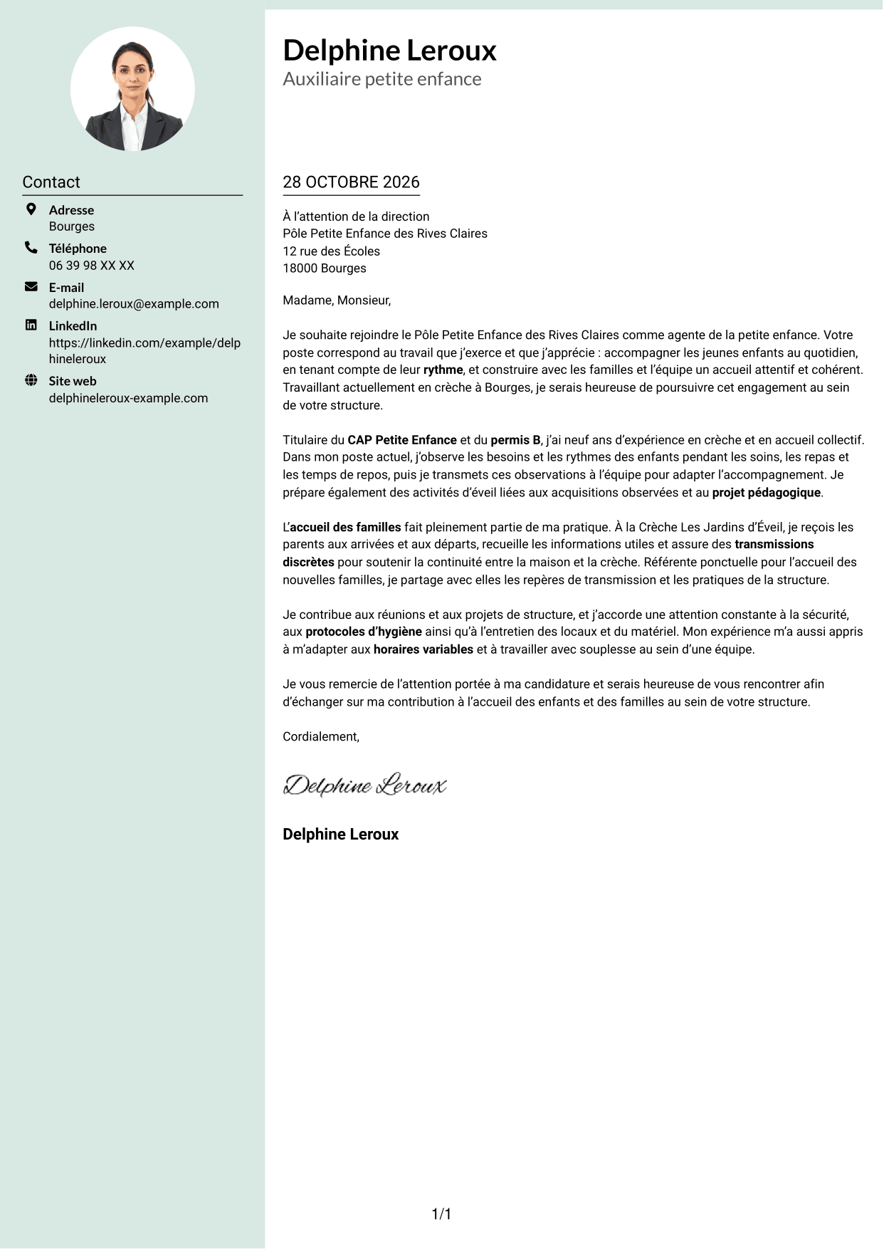 Lettre de motivation Cadre (format à colonne latérale douce avec photo arrondie) : Agent de la petite enfance - Accueil en crèche, page 1