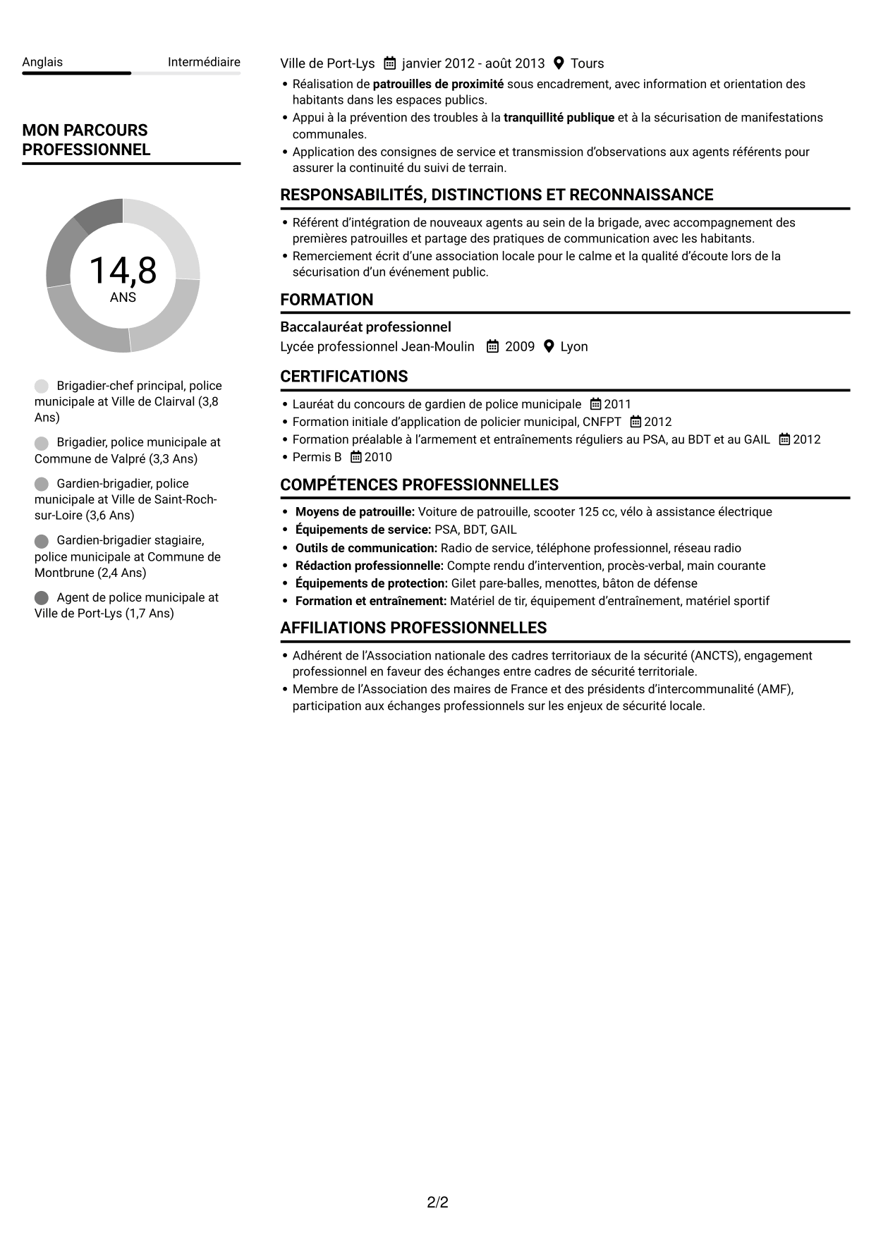 CV Compact (format sobre à deux colonnes avec photo) : Agent de police municipale - Sécurité de proximité, page 2