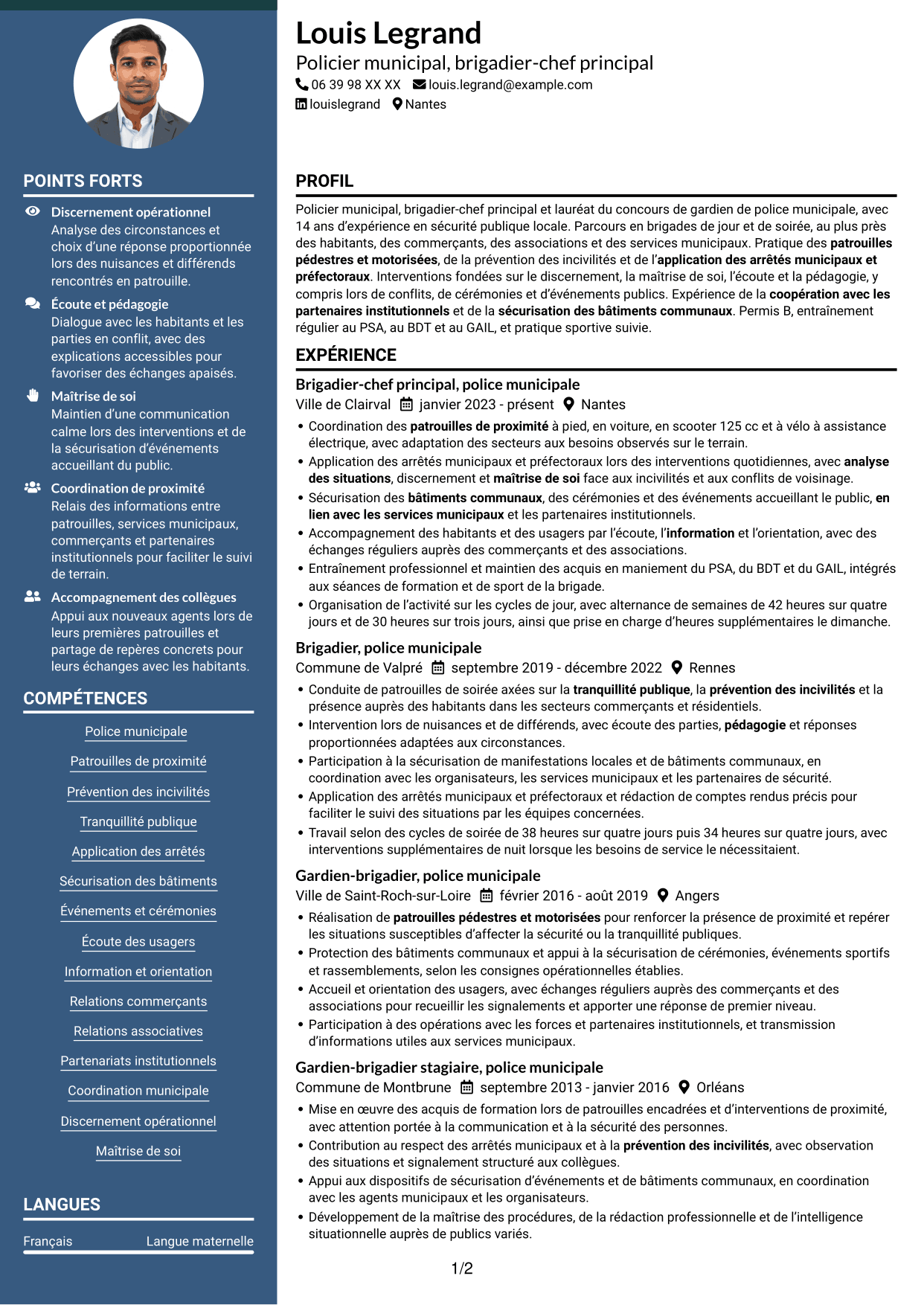 CV Élégant (format à colonne latérale colorée avec photo) : Agent de police municipale - Sécurité de proximité, page 1