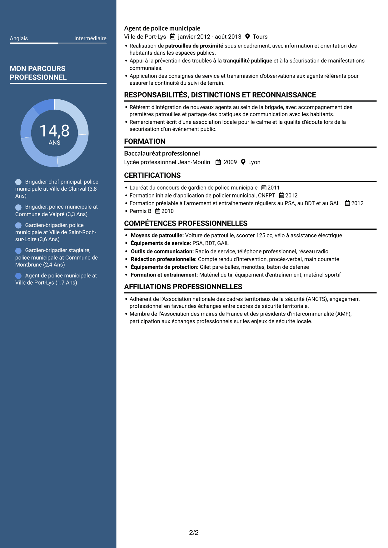 CV Élégant (format à colonne latérale colorée avec photo) : Agent de police municipale - Sécurité de proximité, page 2