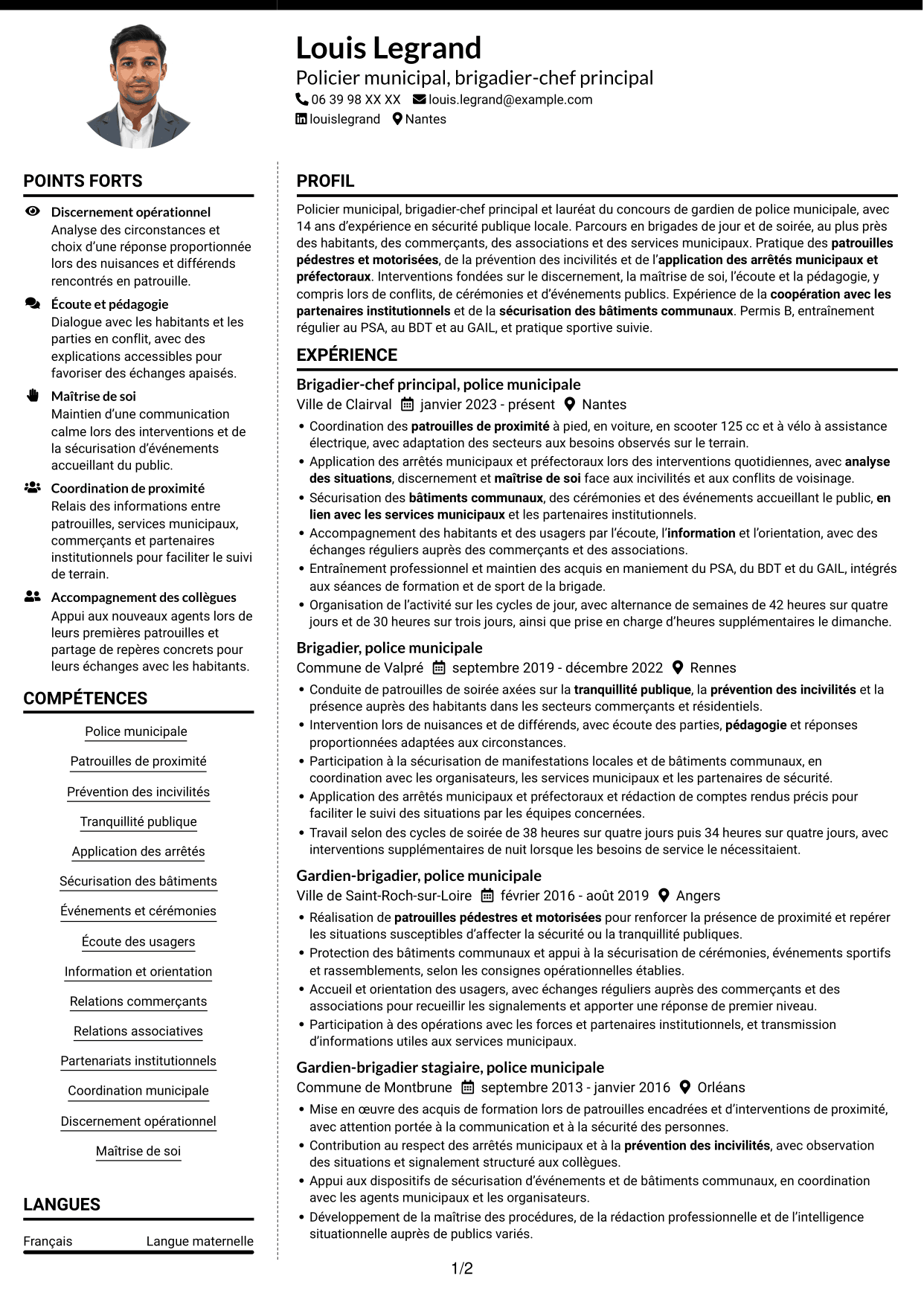 CV Moderne (format à deux colonnes avec photo à gauche et séparateur) : Agent de police municipale - Sécurité de proximité, page 1