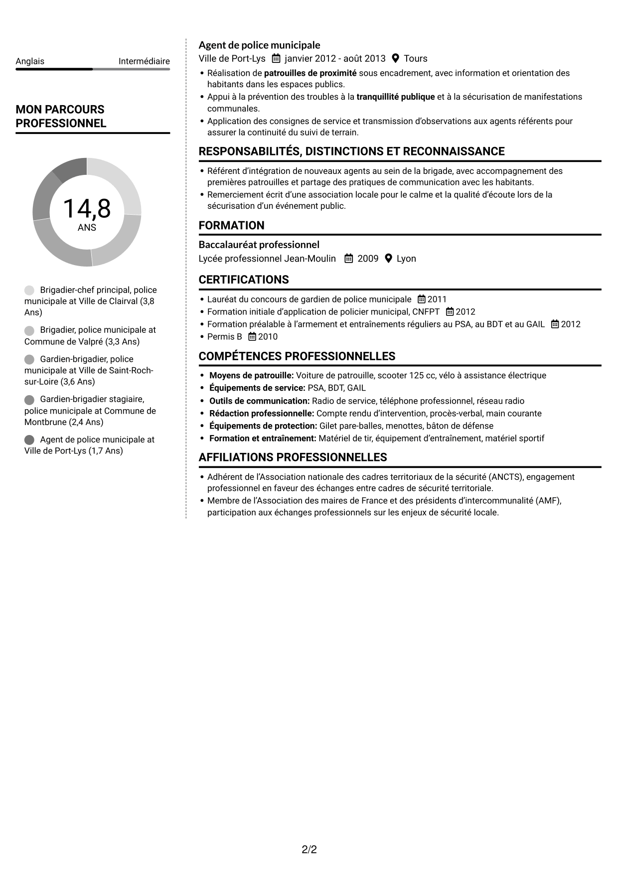 CV Moderne (format à deux colonnes avec photo à gauche et séparateur) : Agent de police municipale - Sécurité de proximité, page 2