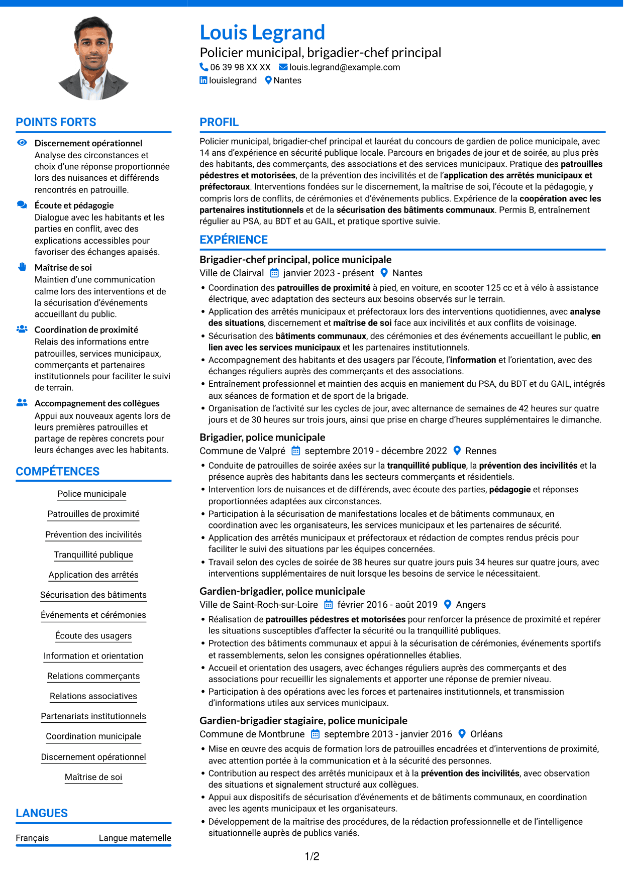 CV Audacieux (format à deux colonnes avec accents colorés et photo) : Agent de police municipale - Sécurité de proximité, page 1